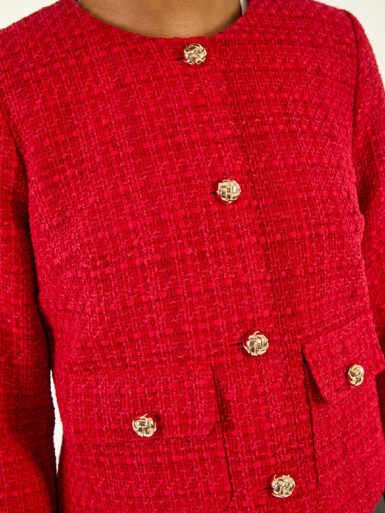 Image 5 of 5 of Roman Collarless Buttoned Boucle Jacket - Red