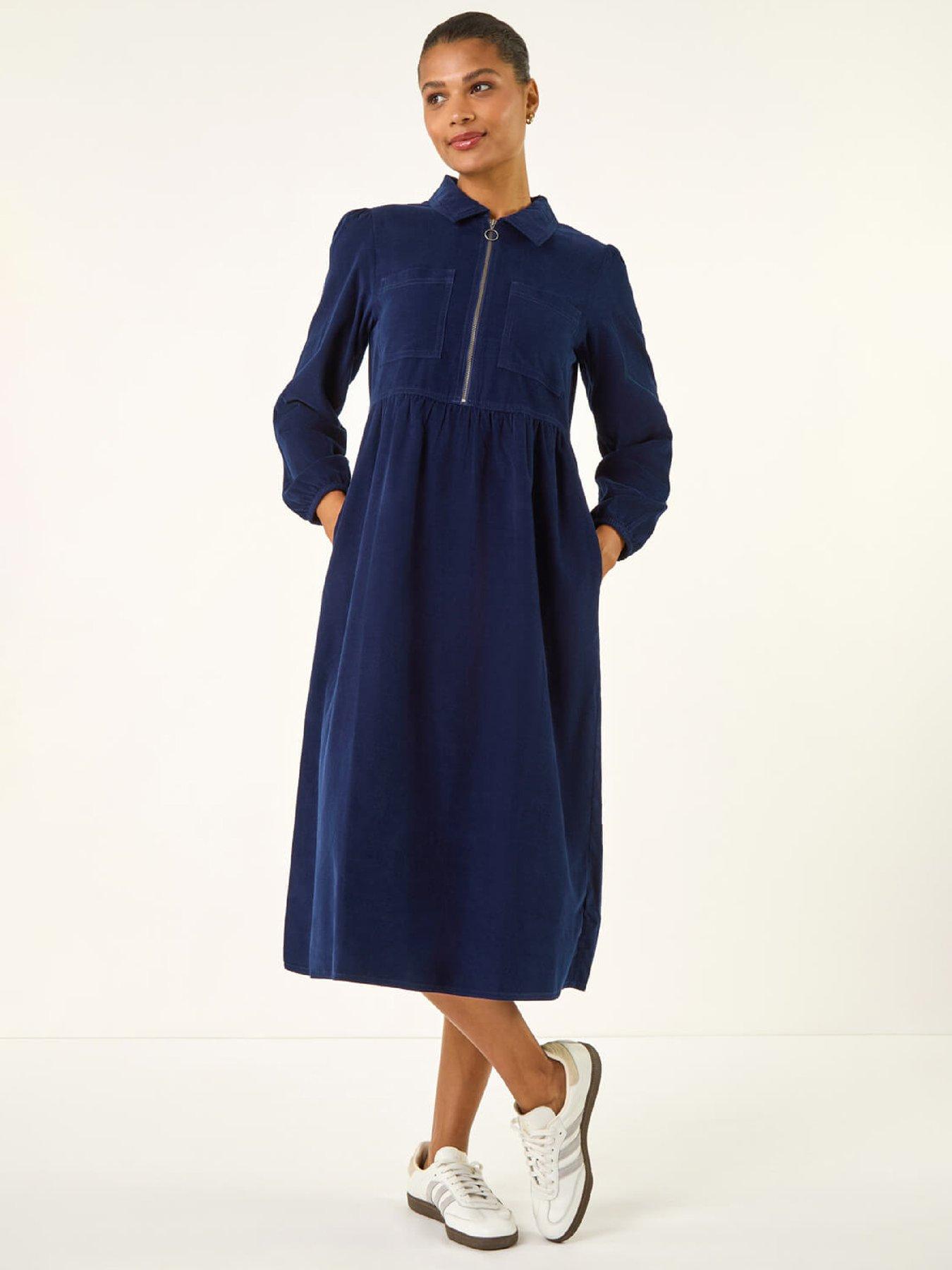 Roman Corduroy Zip Detail Midi Dress - Navy