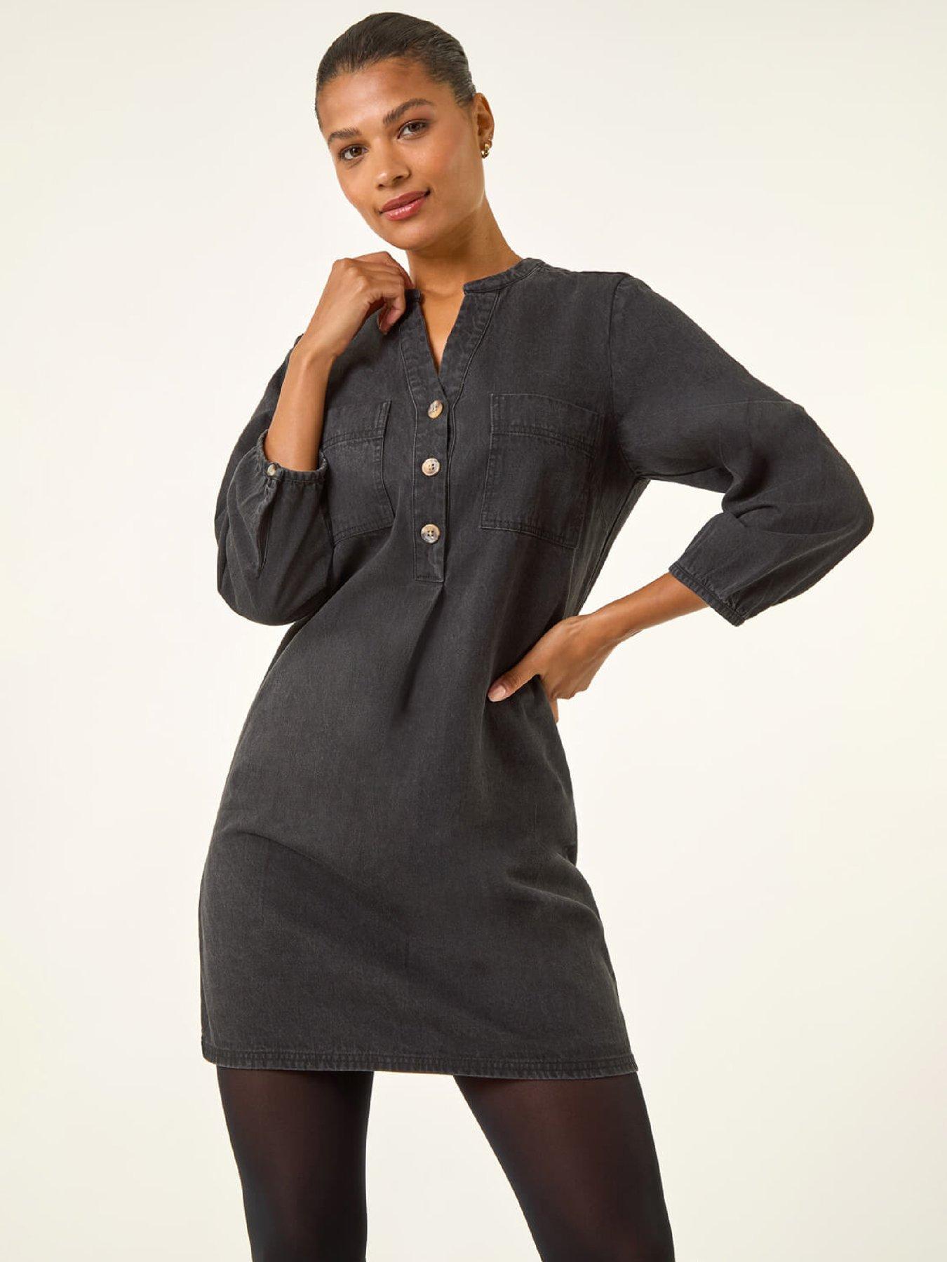 Roman Cotton Denim Button Shift Dress - Black
