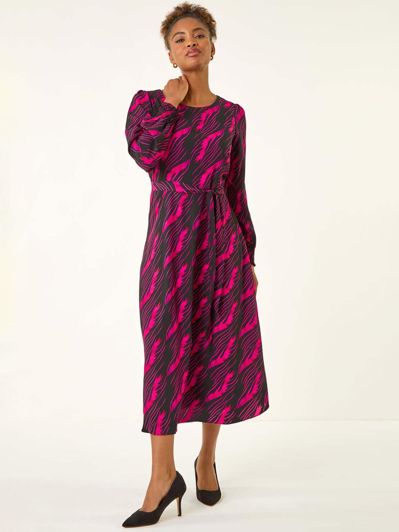 roman-abstract-feather-shirred-midi-dress-pink