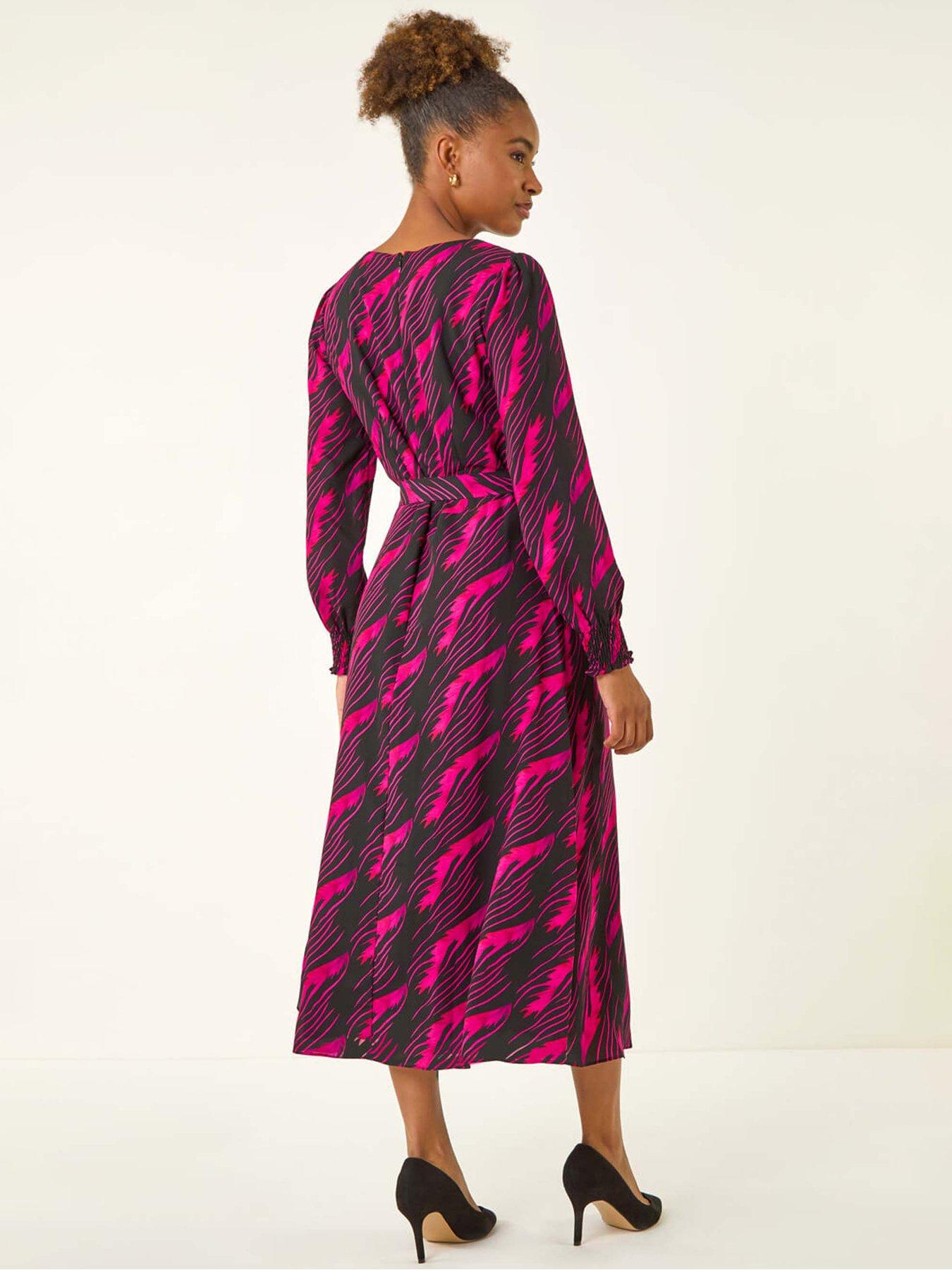 Image 2 of 5 of Roman Abstract Feather Shirred Midi Dress - Pink