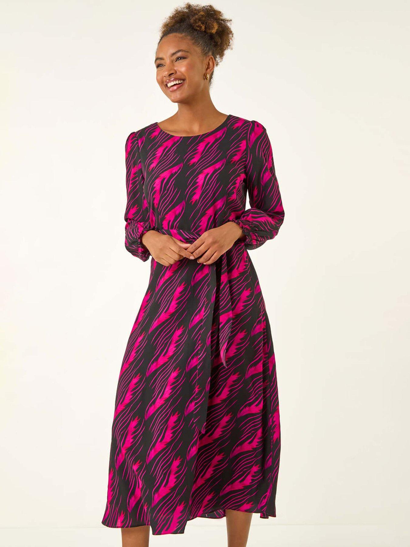 Image 3 of 5 of Roman Abstract Feather Shirred Midi Dress - Pink
