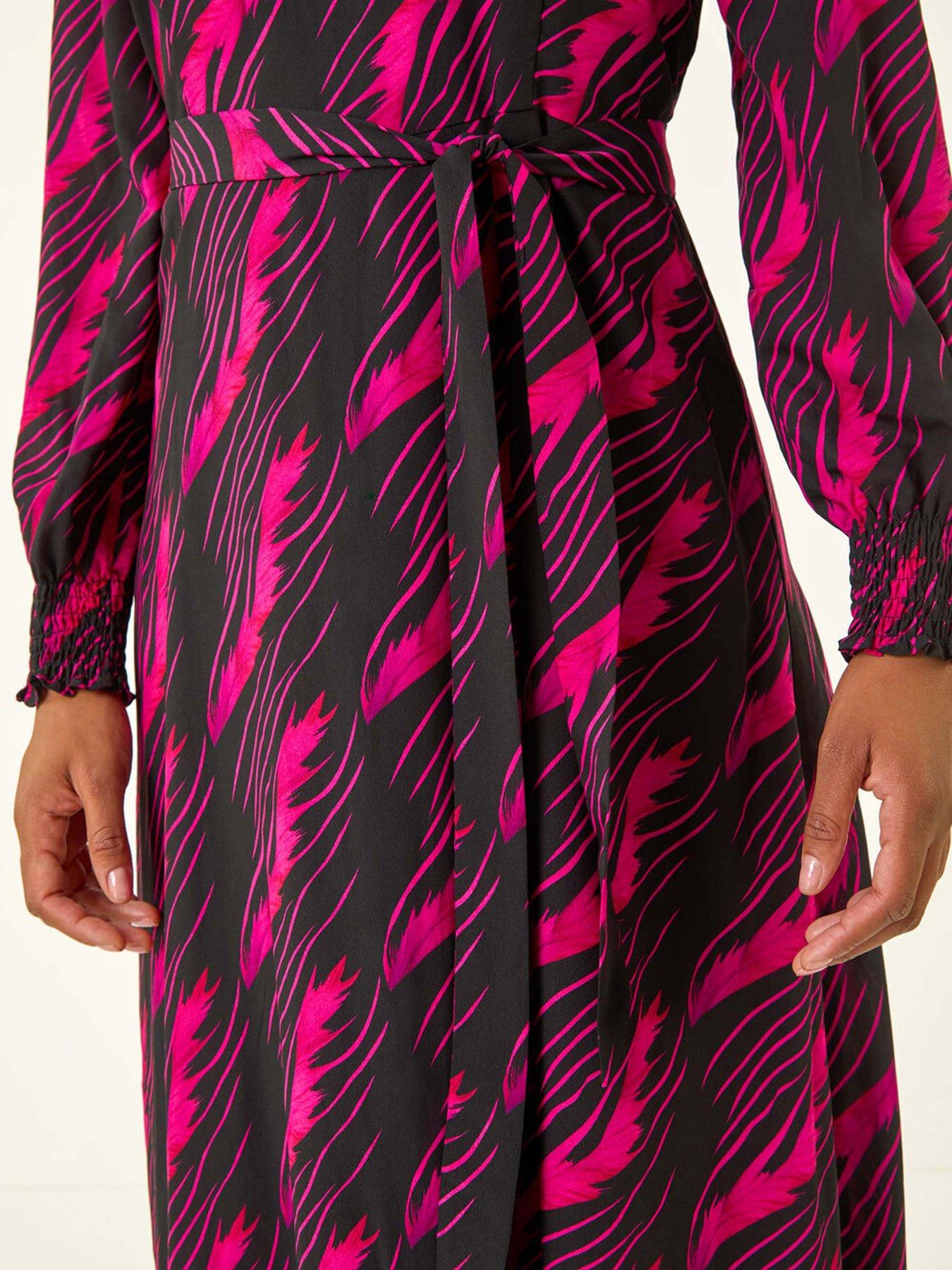 Image 5 of 5 of Roman Abstract Feather Shirred Midi Dress - Pink