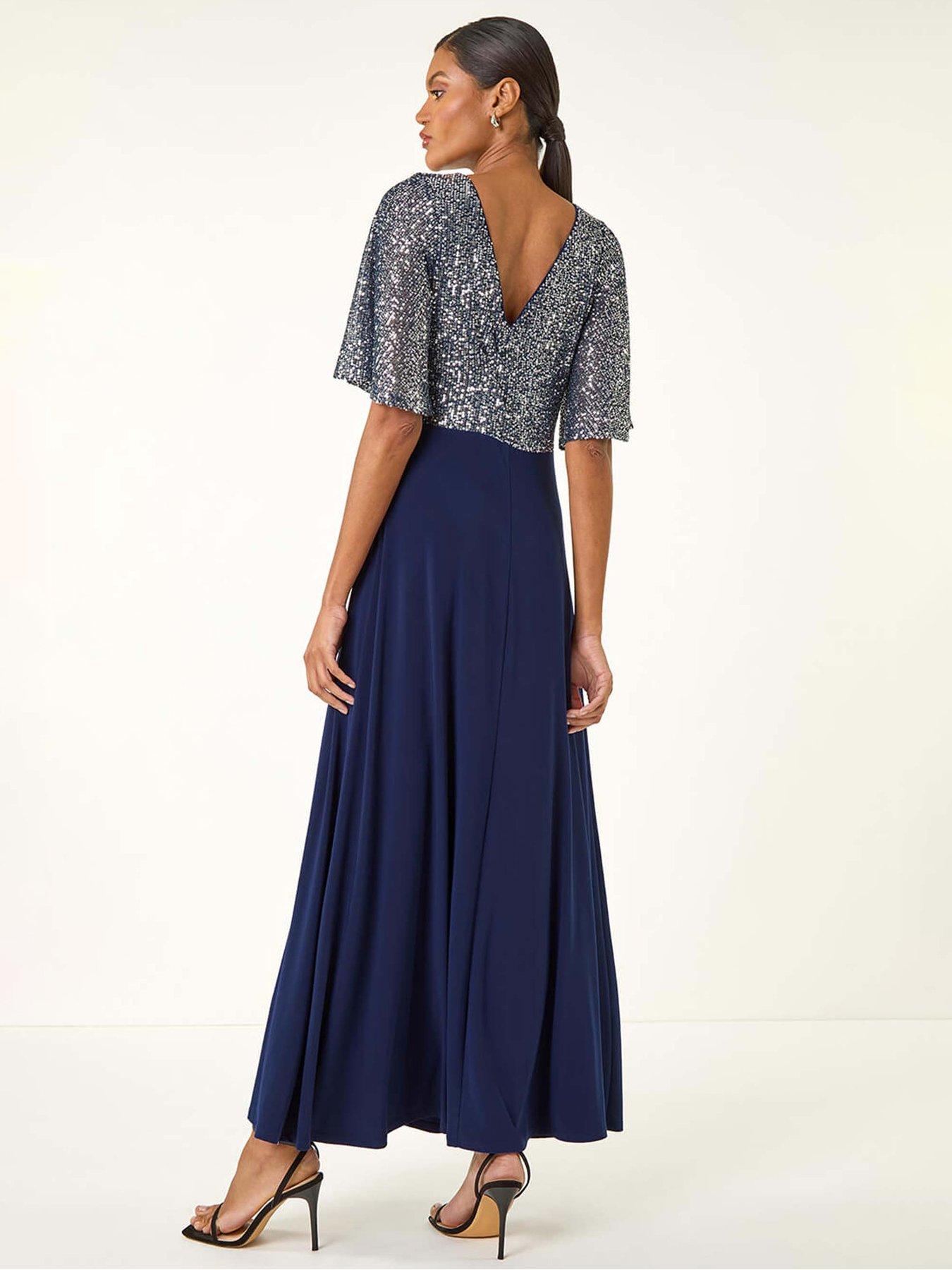 roman-sequin-flutter-sleeve-midi-dress-navystillFront