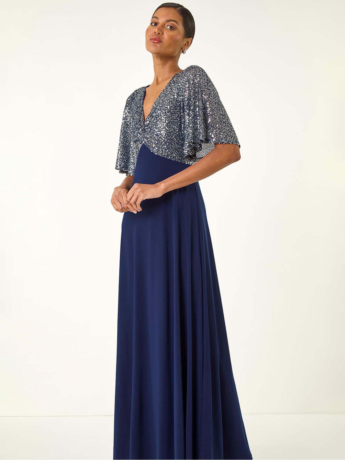roman-sequin-flutter-sleeve-midi-dress-navyback