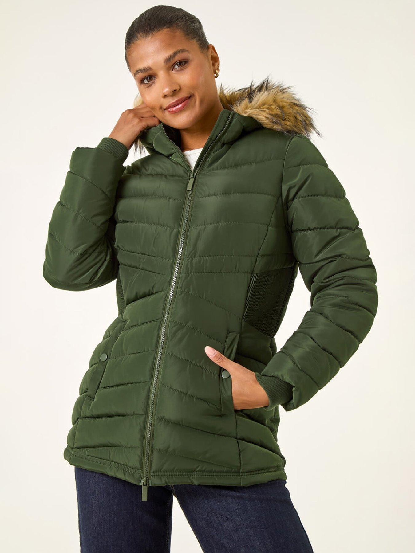 Roman Faux Fur Hooded Quilt Coat - Khaki