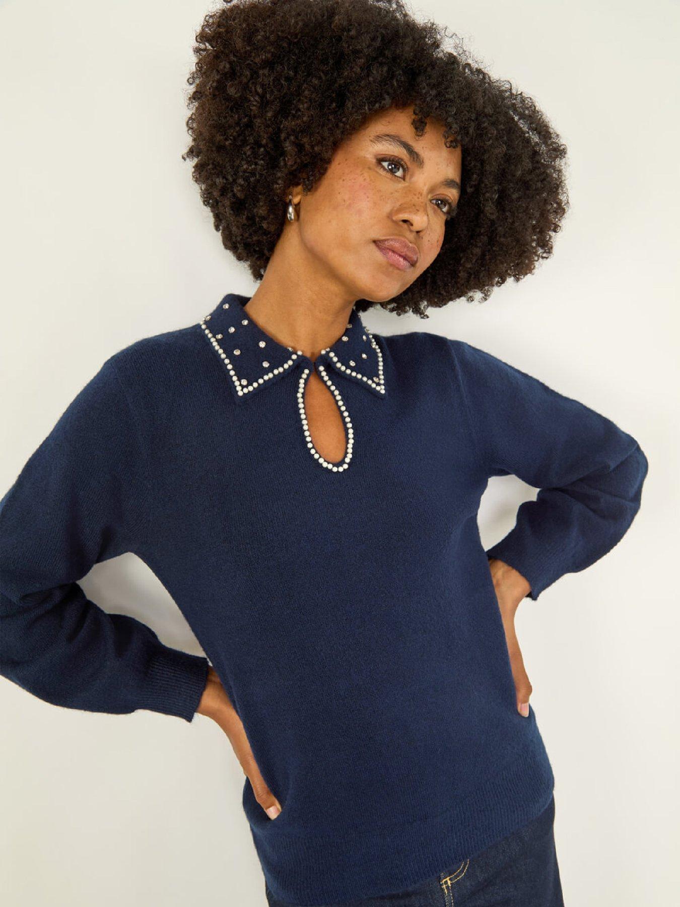 roman-faux-pearl-collared-keyhole-knit-jumper-navyoutfit