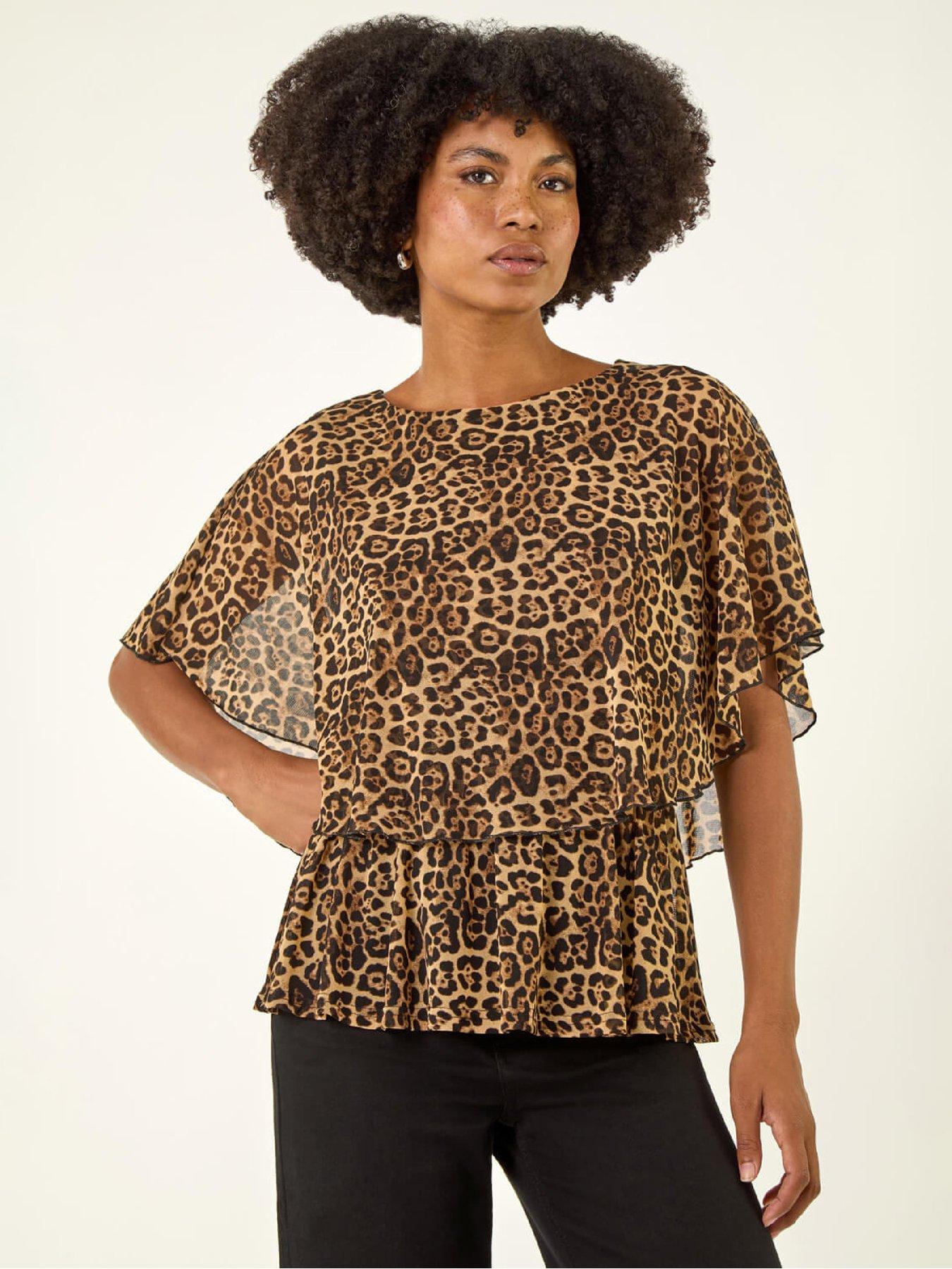 Roman Animal Print Mesh Overlay Top - Tan