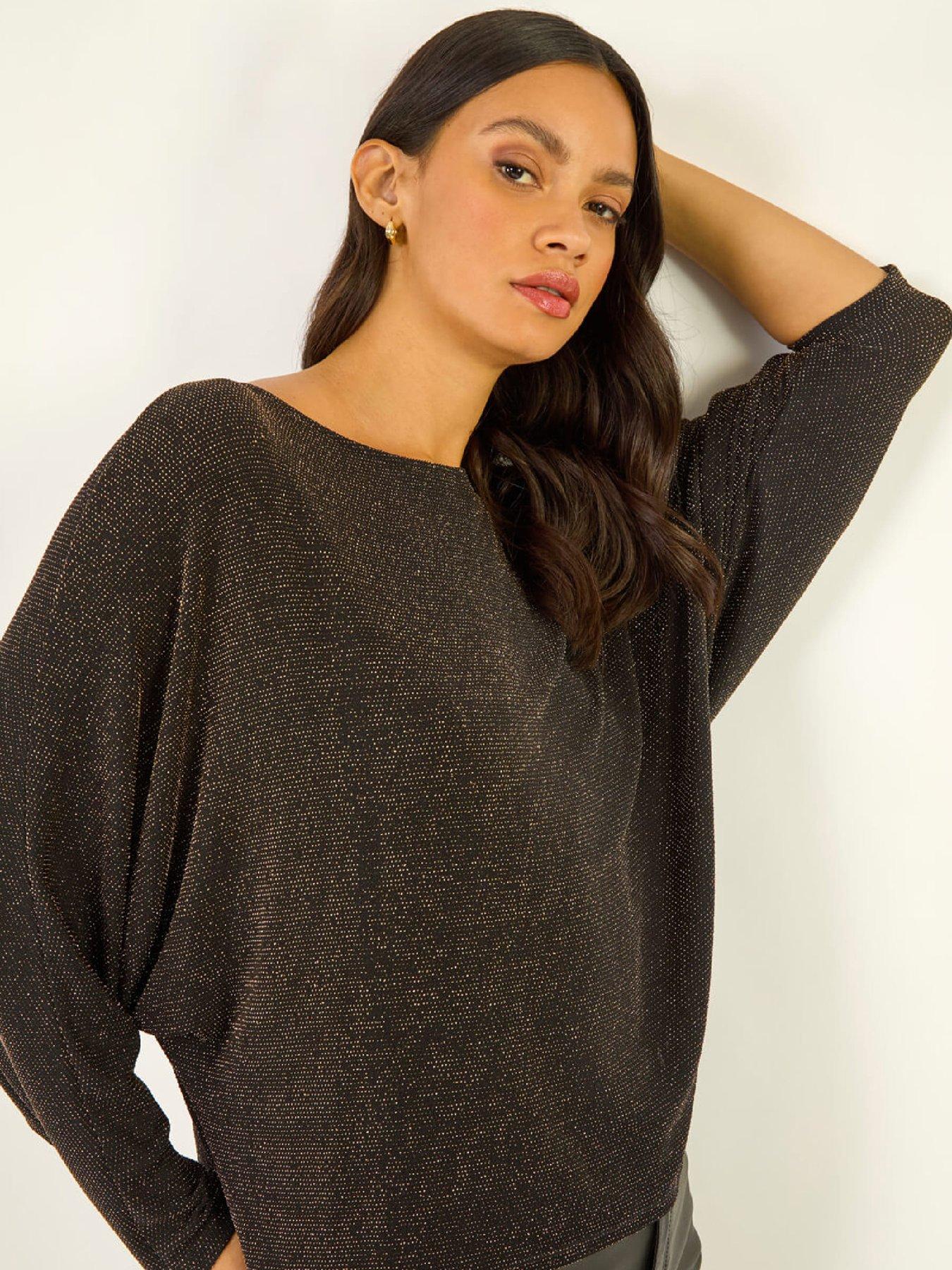 Image 1 of 4 of Roman Dusk Shimmer Batwing Stretch Top - Black