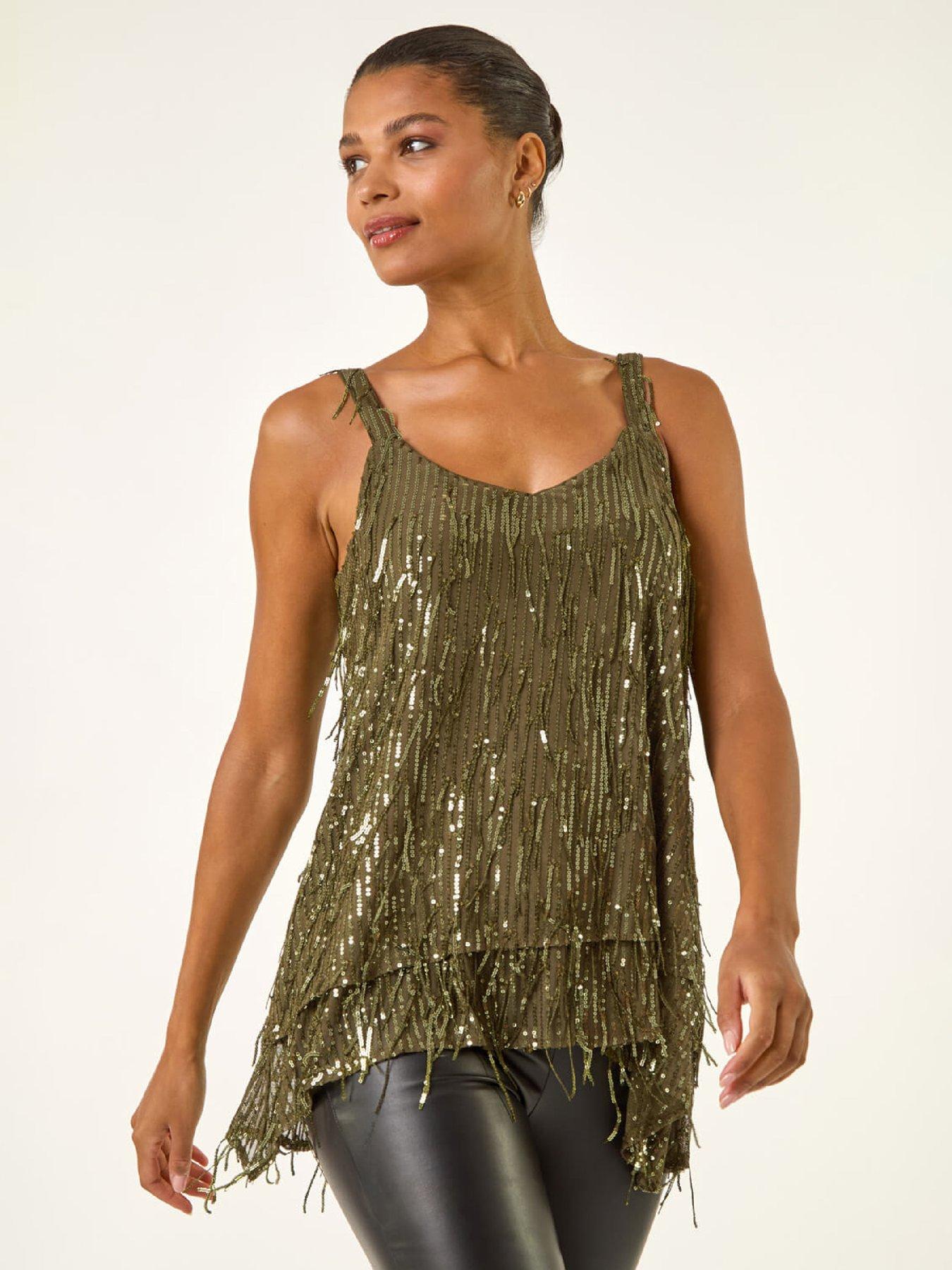 Roman Tassel Sequin Chiffon Top - Khaki