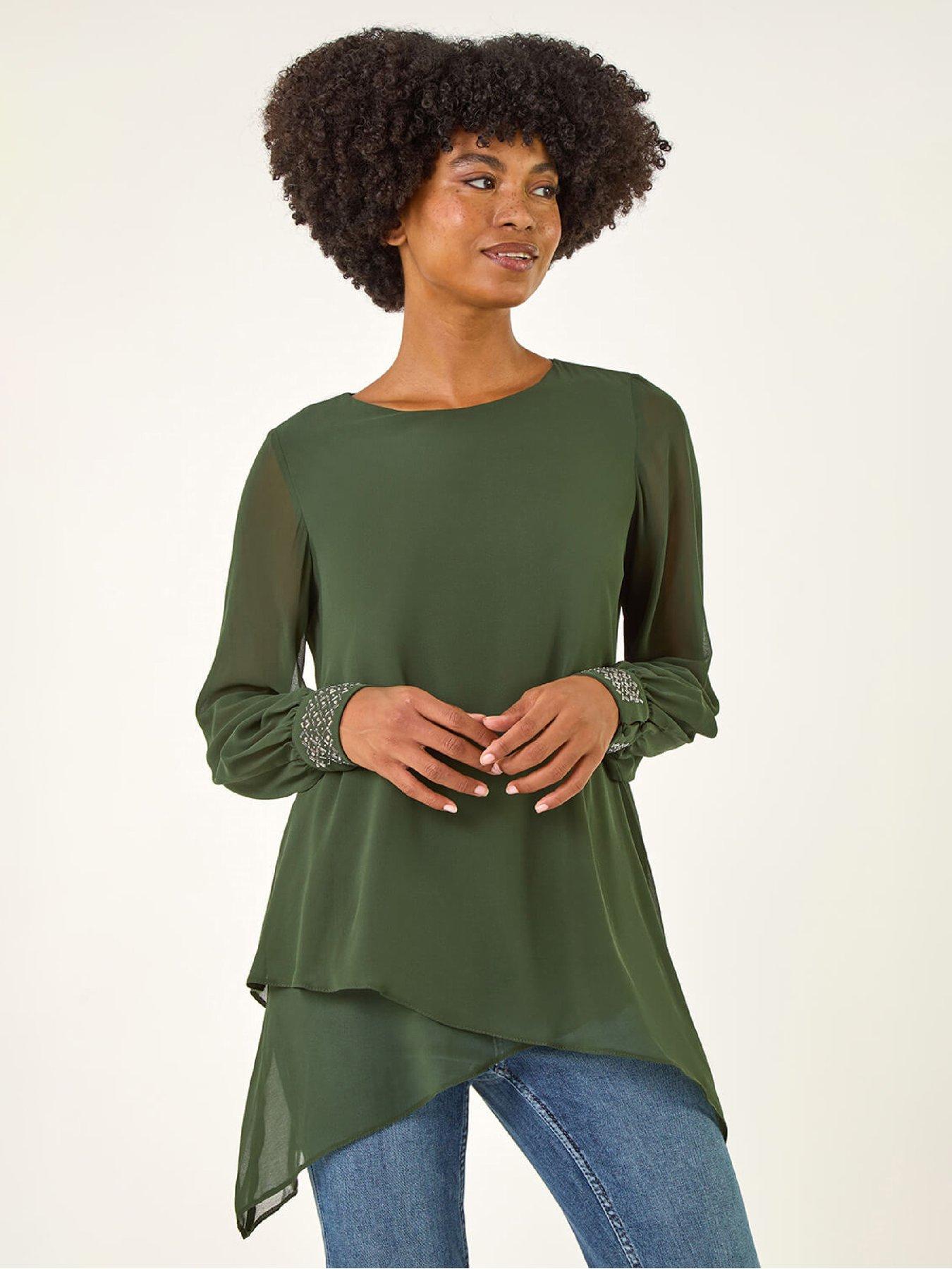 Image 1 of 5 of Roman Embellished Detail Layered Top - Dark Green