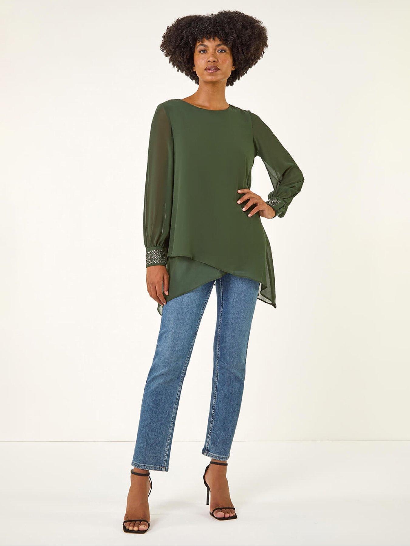 Image 3 of 5 of Roman Embellished Detail Layered Top - Dark Green