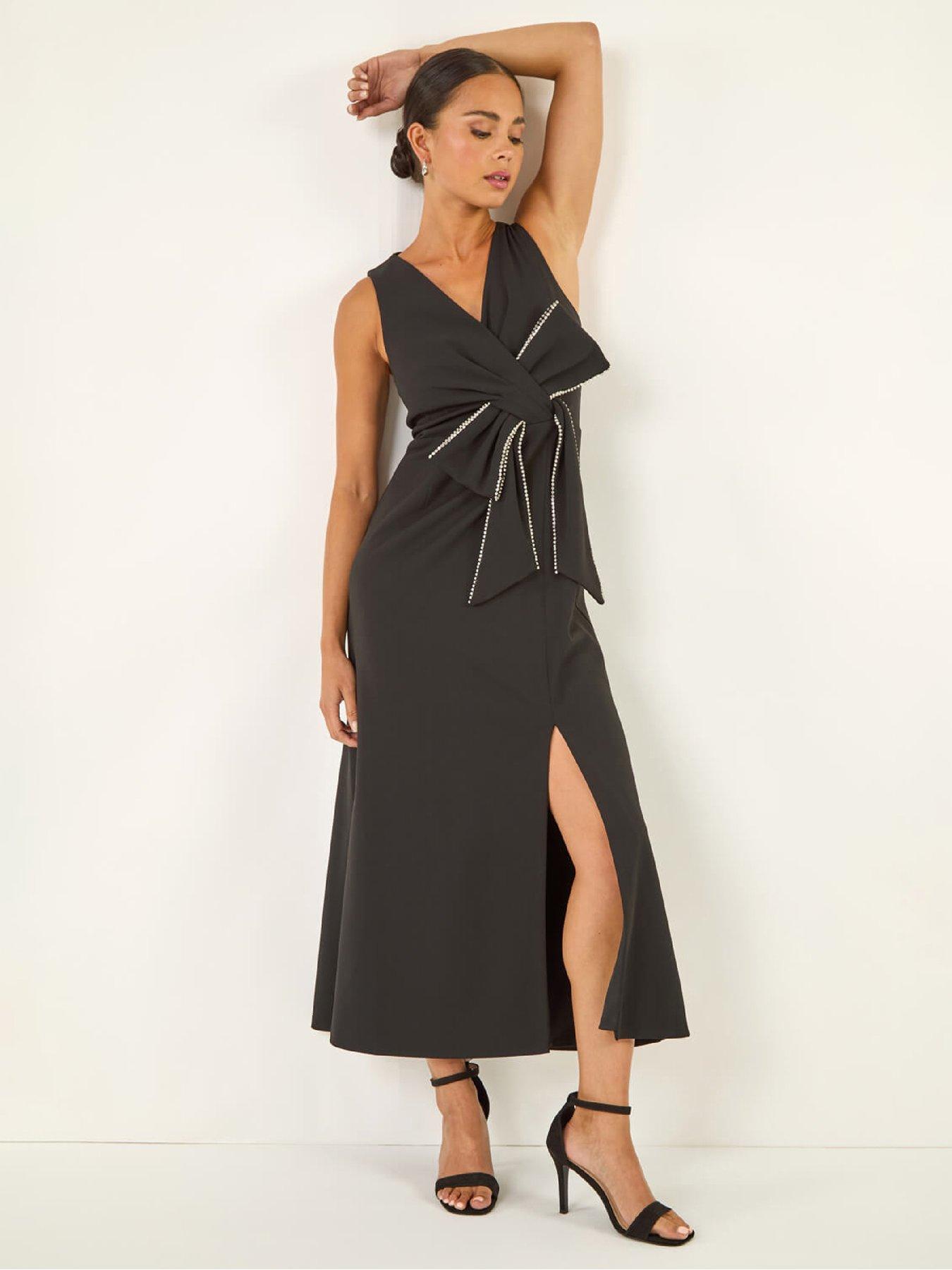 roman-petite-diamante-bow-trim-maxi-dress-black