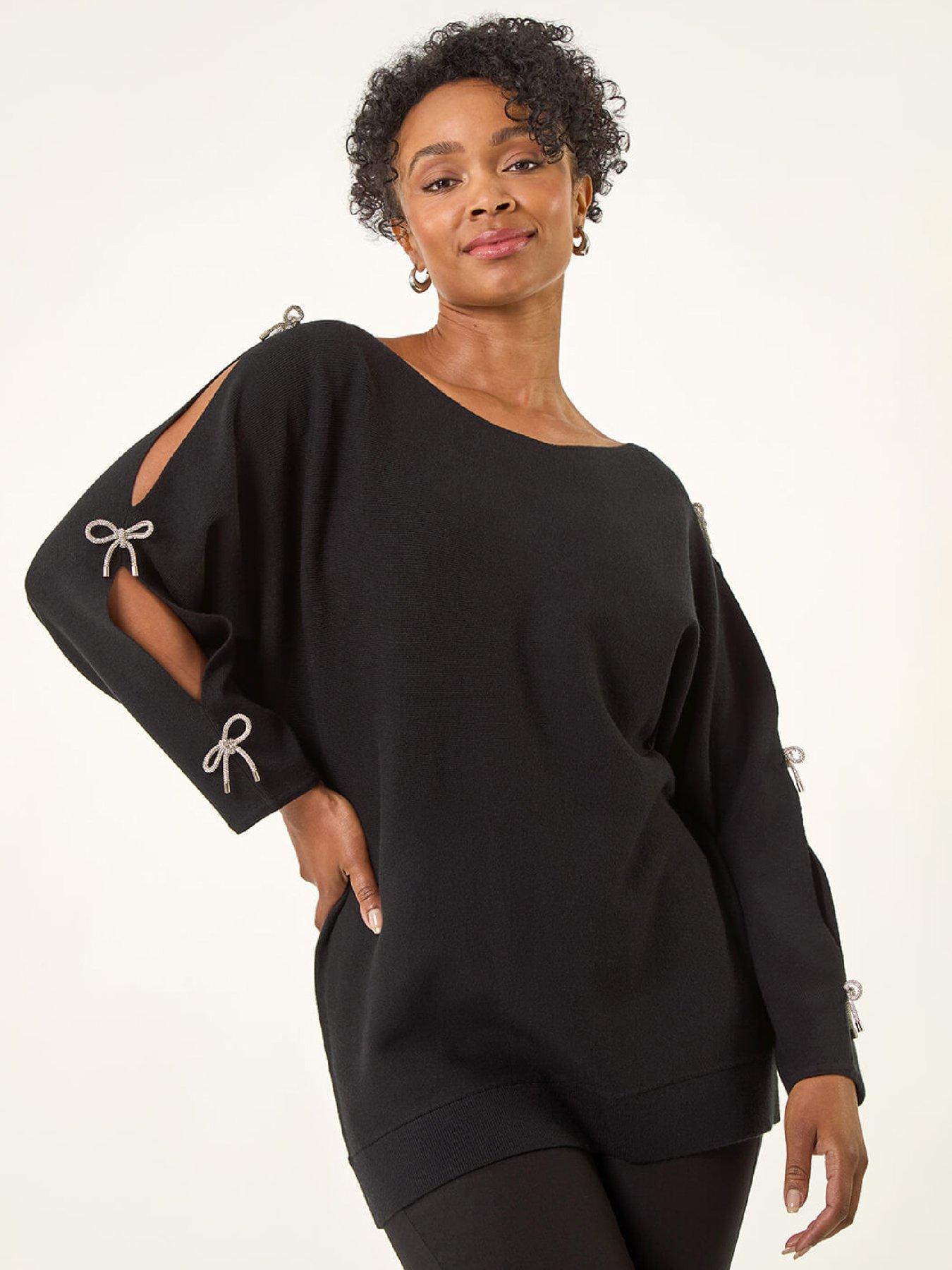 Roman Petite Bow Trim Sleeve Knit Jumper - Black