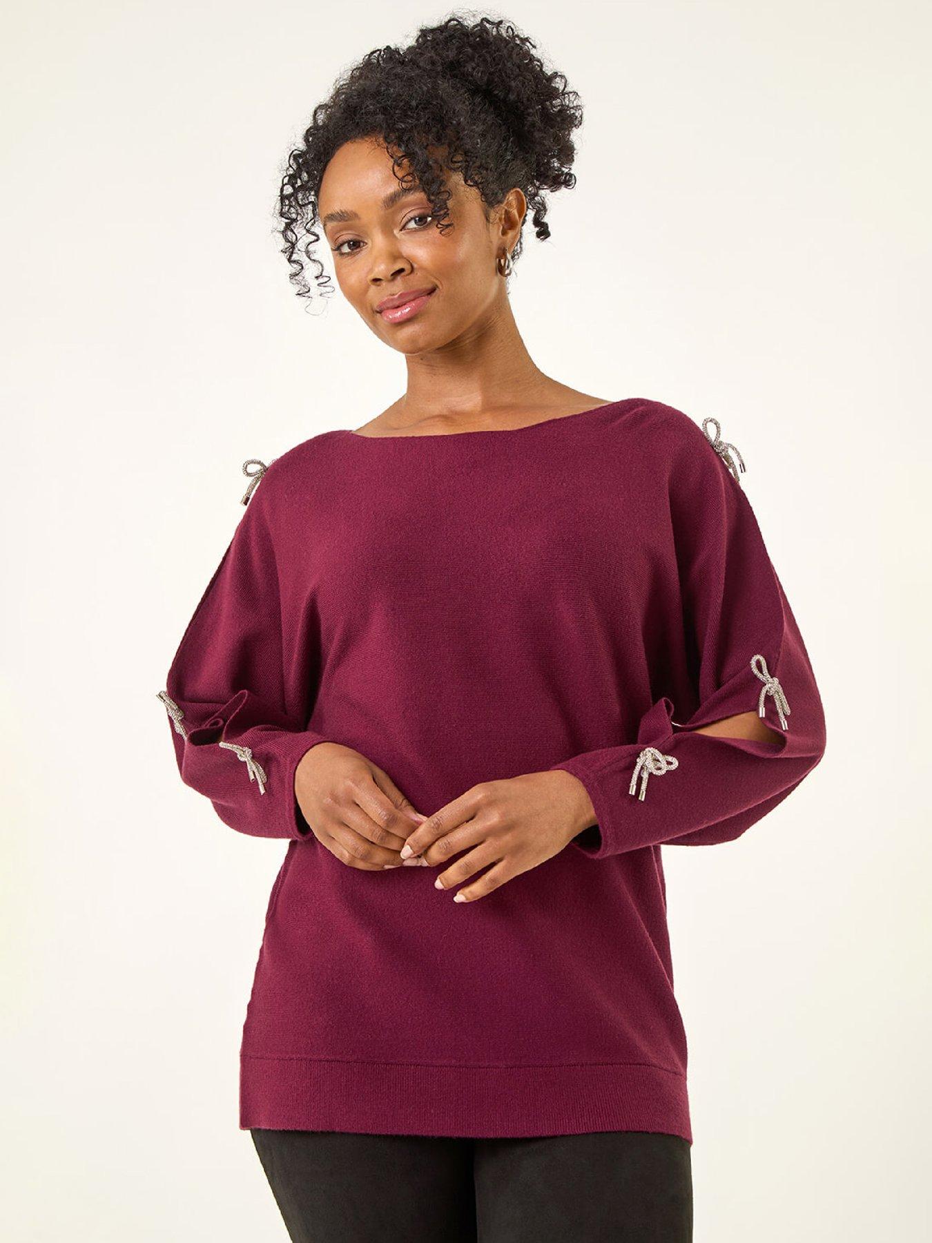 Roman Petite Bow Trim Sleeve Knit Jumper - Wine