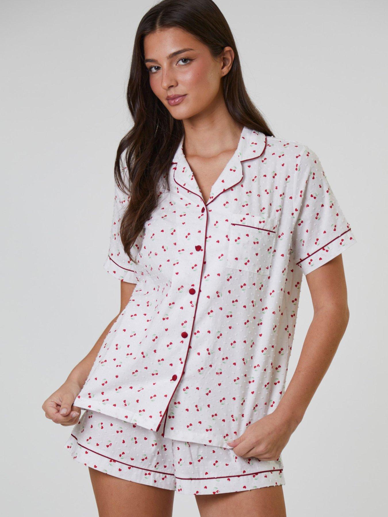 Loungeable Cherry Printed Dobby Short Sleeve And Short Set - White