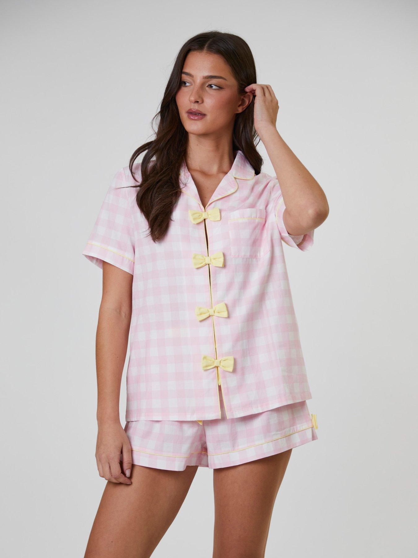 loungeable-checked-bow-detail-short-sleeve-and-short-set-pink