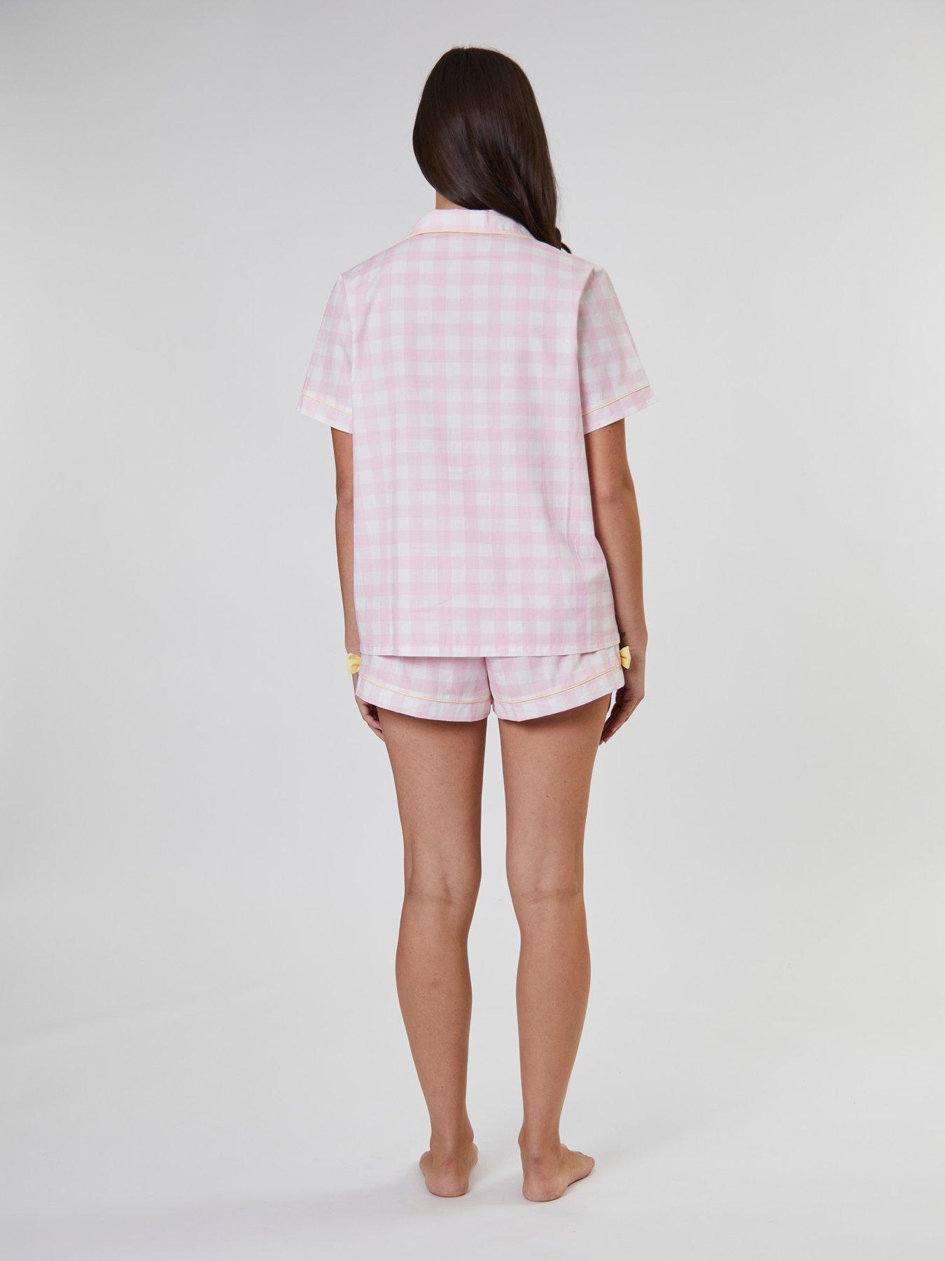 loungeable-checked-bow-detail-short-sleeve-and-short-set-pinkstillFront