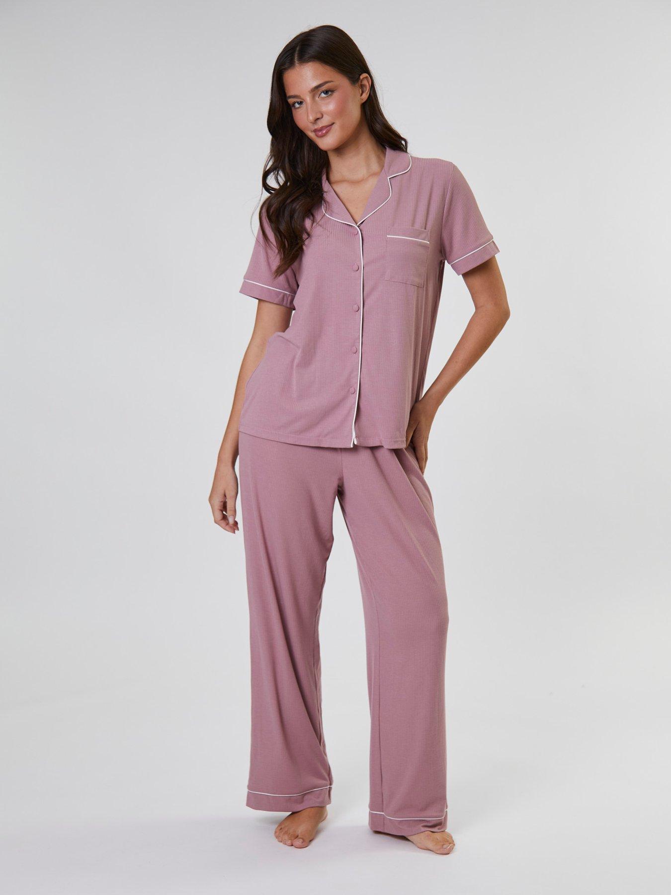 loungeable-rib-short-sleeve-shirt-and-long-trouser-pyjama-set--pinkfront