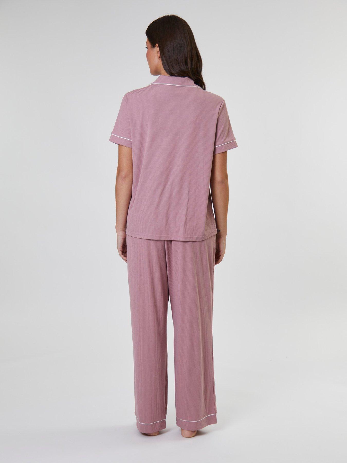 loungeable-rib-short-sleeve-shirt-and-long-trouser-pyjama-set--pinkstillFront
