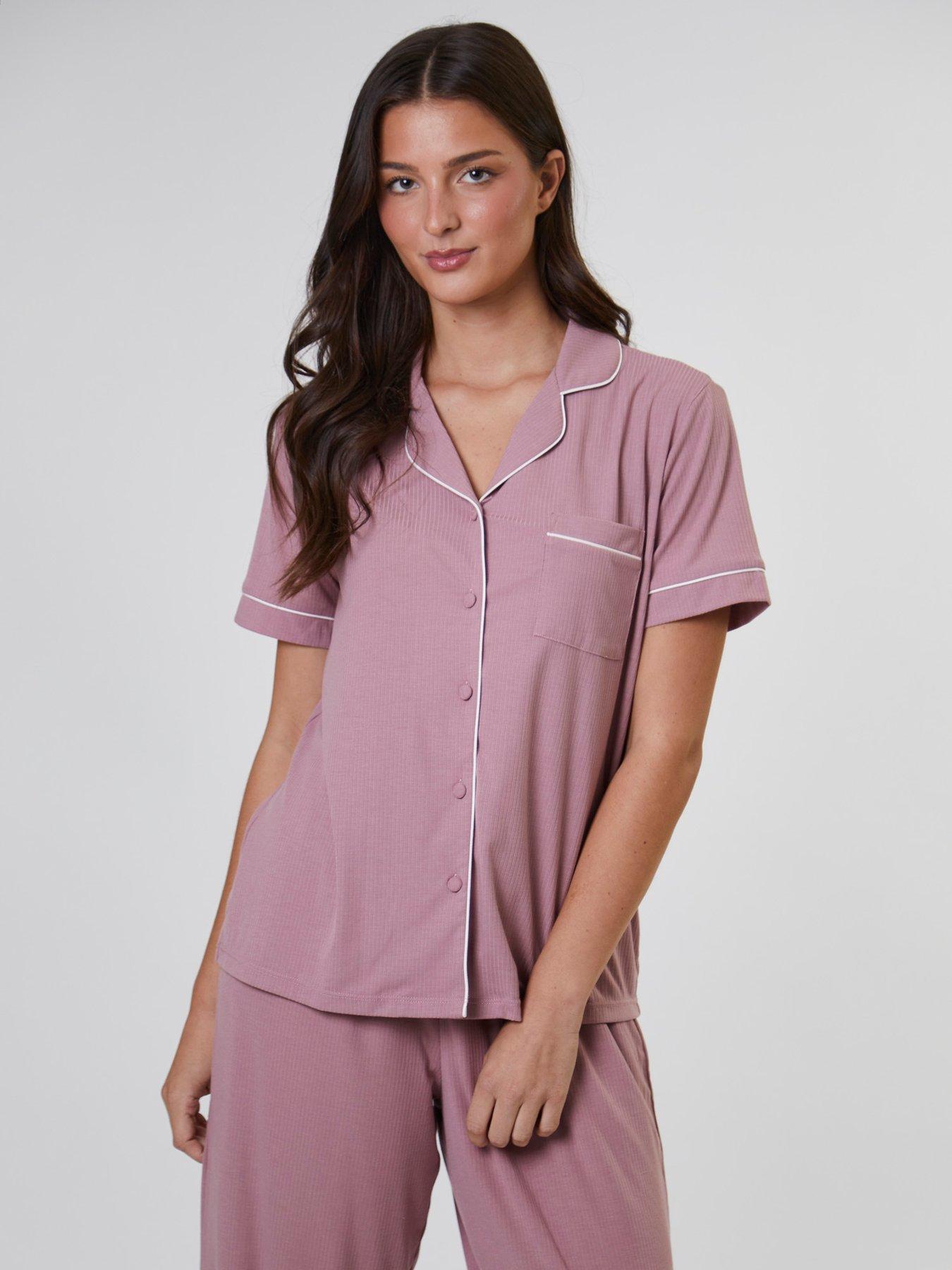 loungeable-rib-short-sleeve-shirt-and-long-trouser-pyjama-set--pinkback