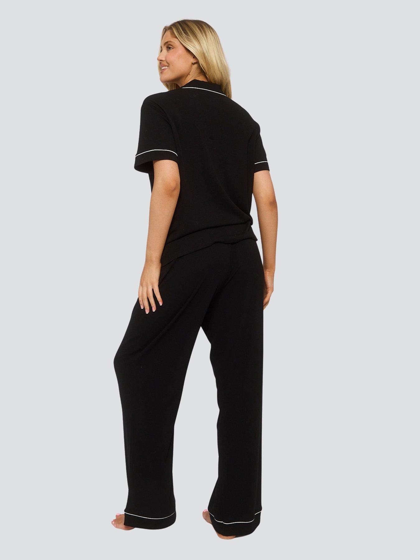 Image 2 of 3 of Loungeable Rib Short Sleeve Traditional Pyjama Set - Black