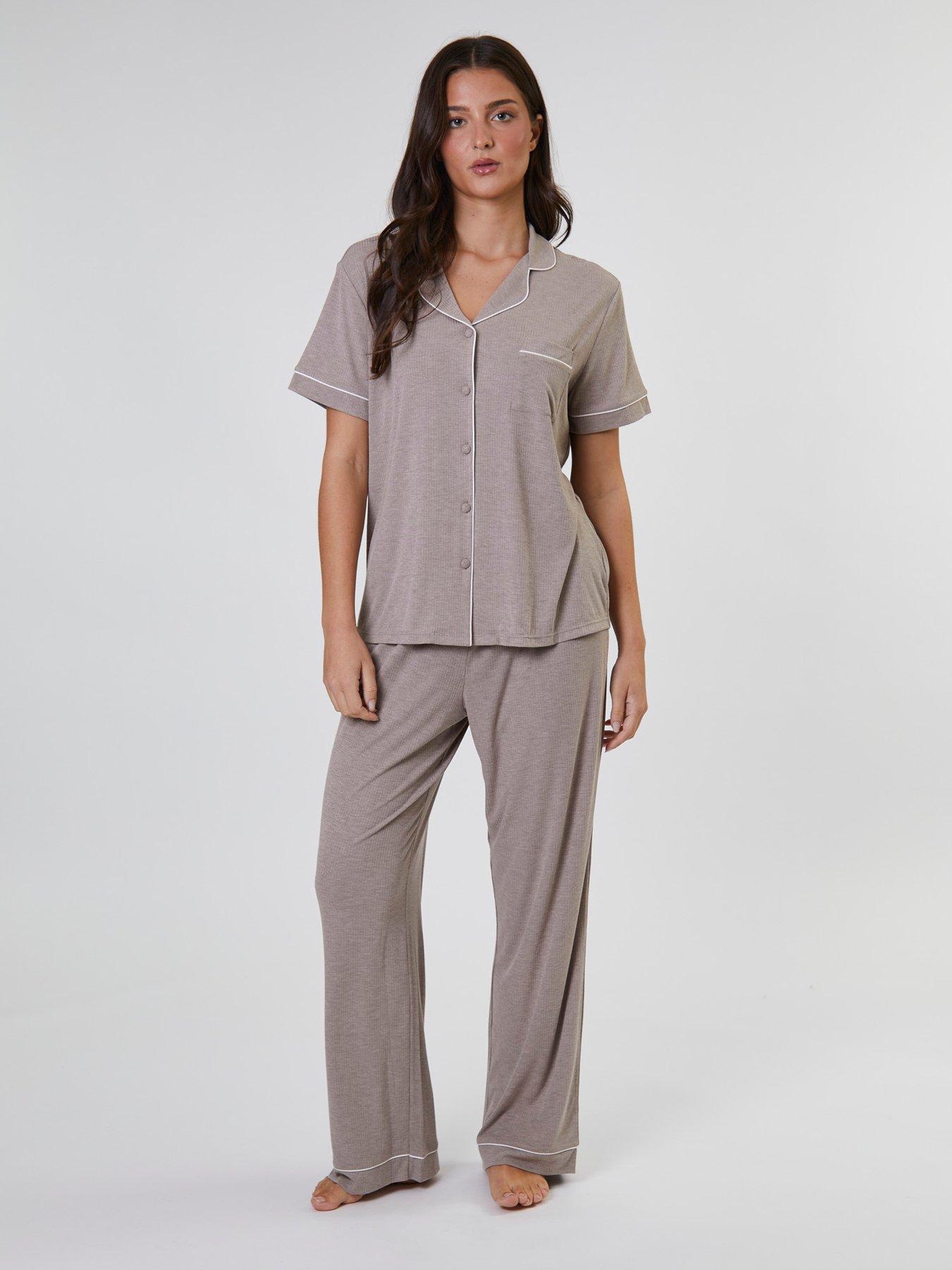 Image 1 of 3 of Loungeable Rib Short Sleeve Shirt And Long Trouser Pyjama Set - Beige