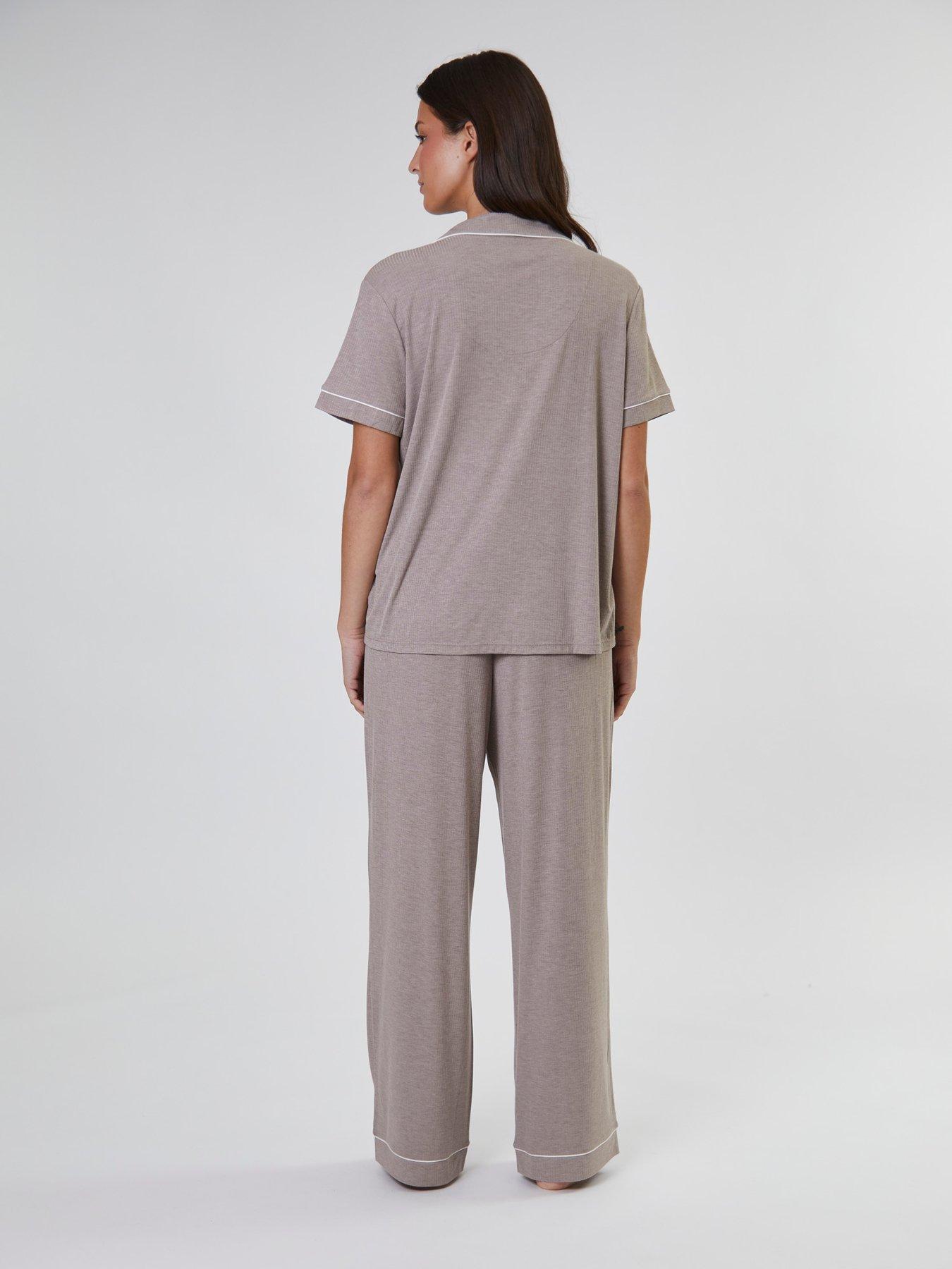 Image 2 of 3 of Loungeable Rib Short Sleeve Shirt And Long Trouser Pyjama Set - Beige