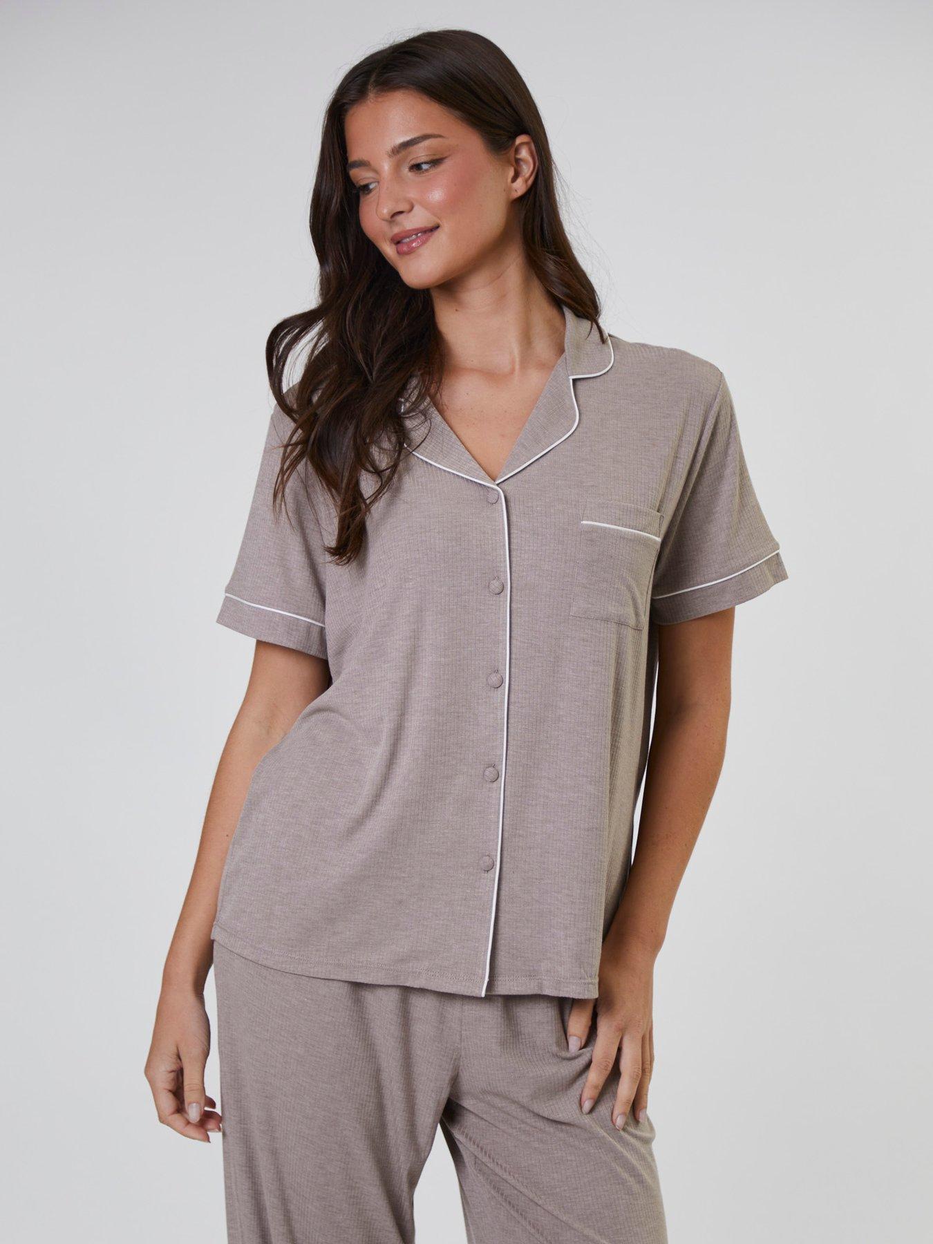 Image 3 of 3 of Loungeable Rib Short Sleeve Shirt And Long Trouser Pyjama Set - Beige