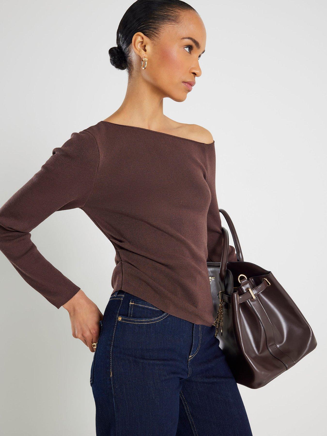 river-island-long-sleeve-fitted-off-the-shoulder-top-brown