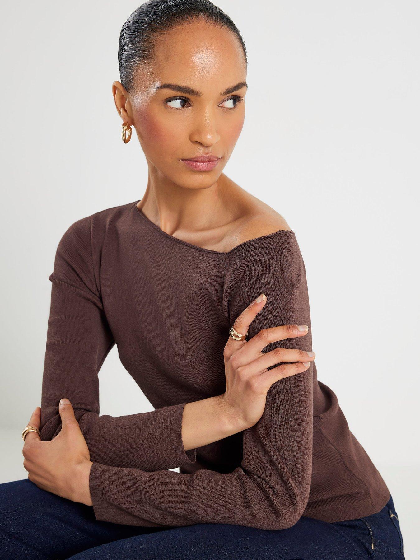 river-island-long-sleeve-fitted-off-the-shoulder-top-brownoutfit