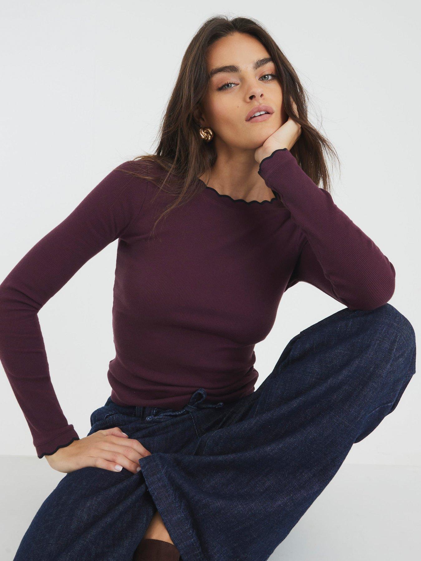 River Island Long Sleeve Scallop Trim Tee - Red