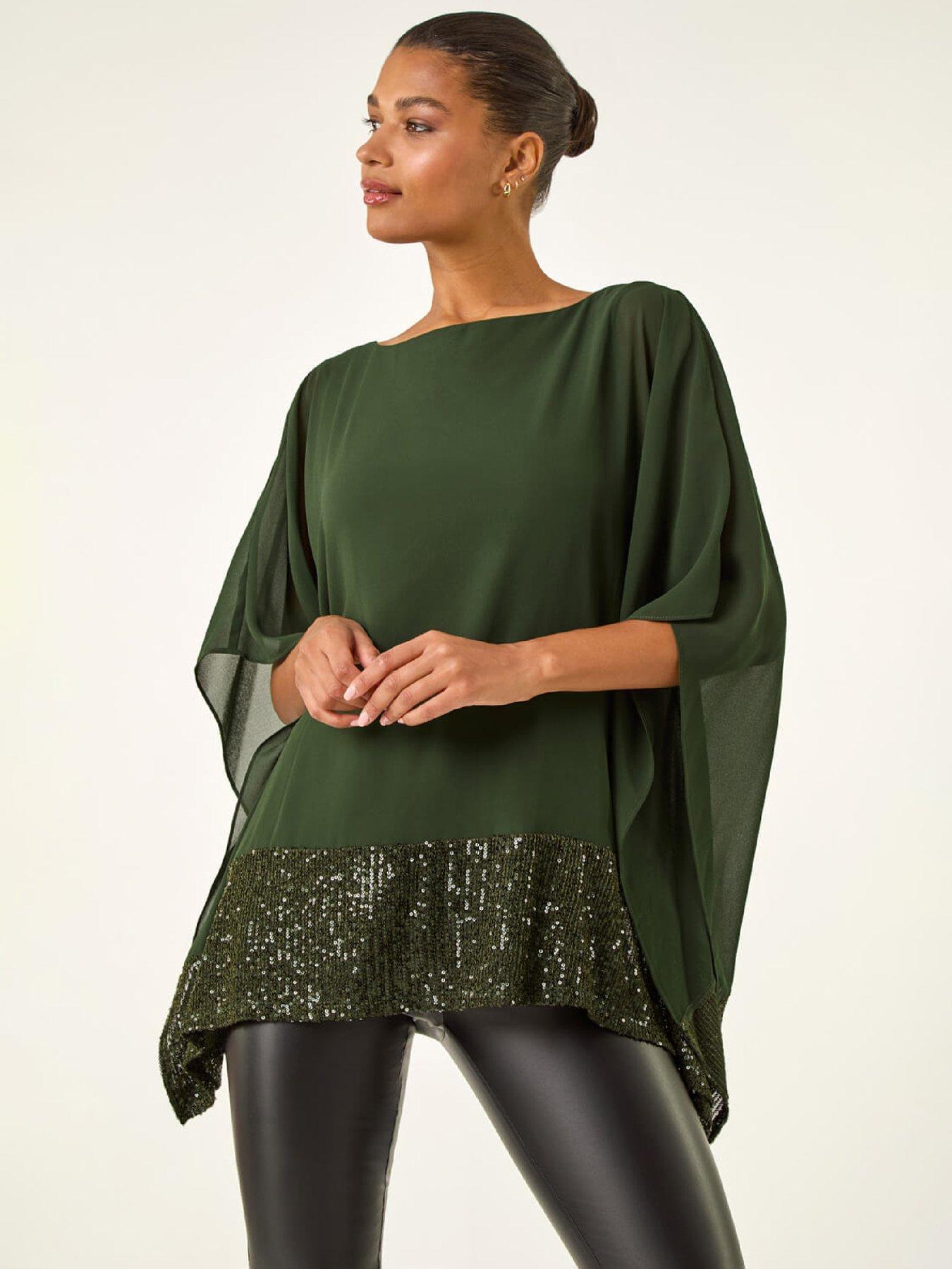 roman-sequin-hem-contrast-tunic-top-dark-green