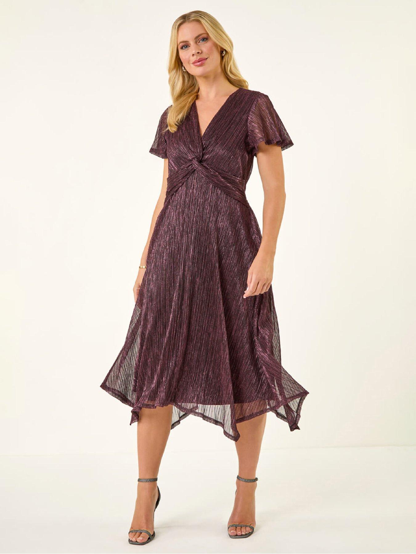 Image 1 of 5 of Roman Petite Shimmer Twist Front Midi Dress - Pink