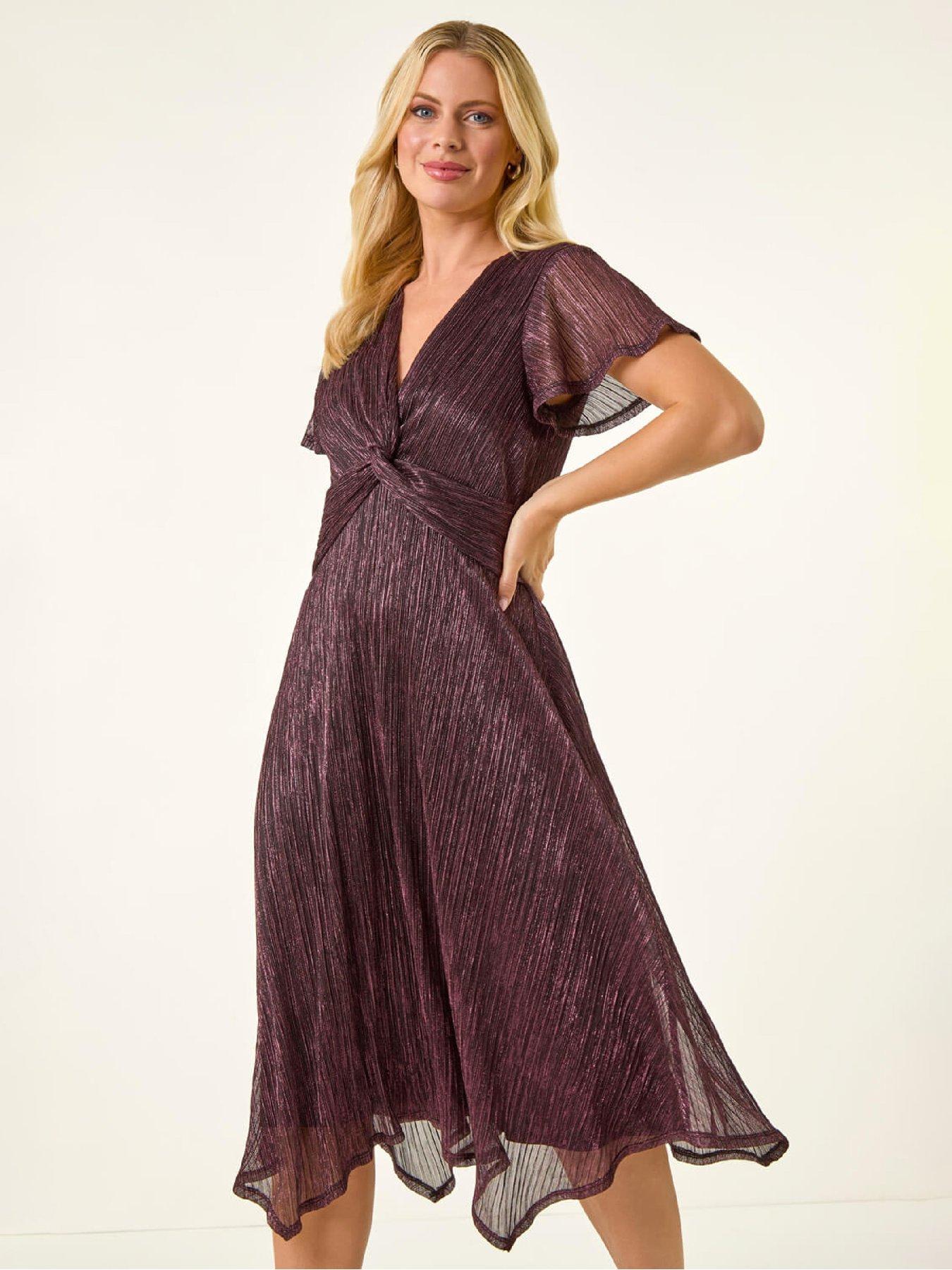 Image 3 of 5 of Roman Petite Shimmer Twist Front Midi Dress - Pink