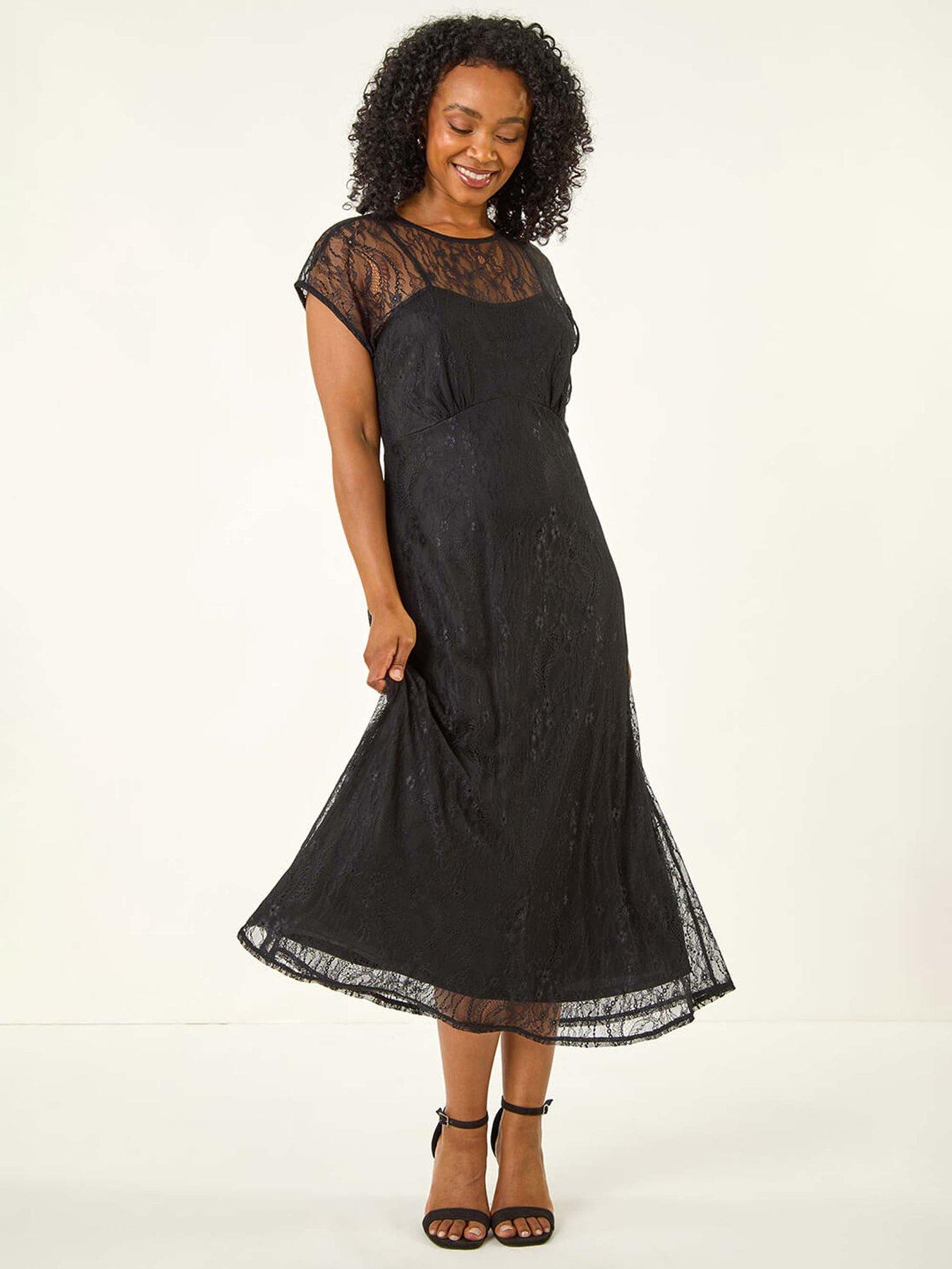 Roman Petite Lace Stretch Midi Dress - Black