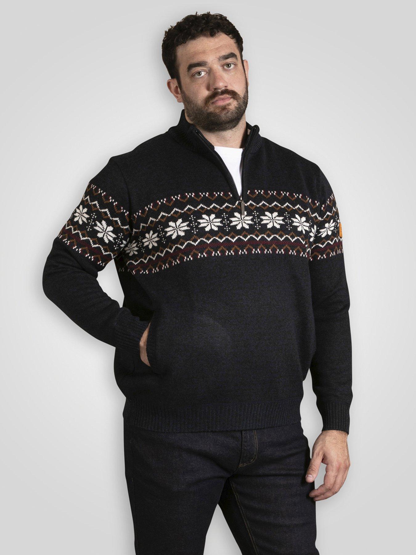 D555 1/4 Zip Knitted Jumper Fairisle With Bonded Check Lining - Navy