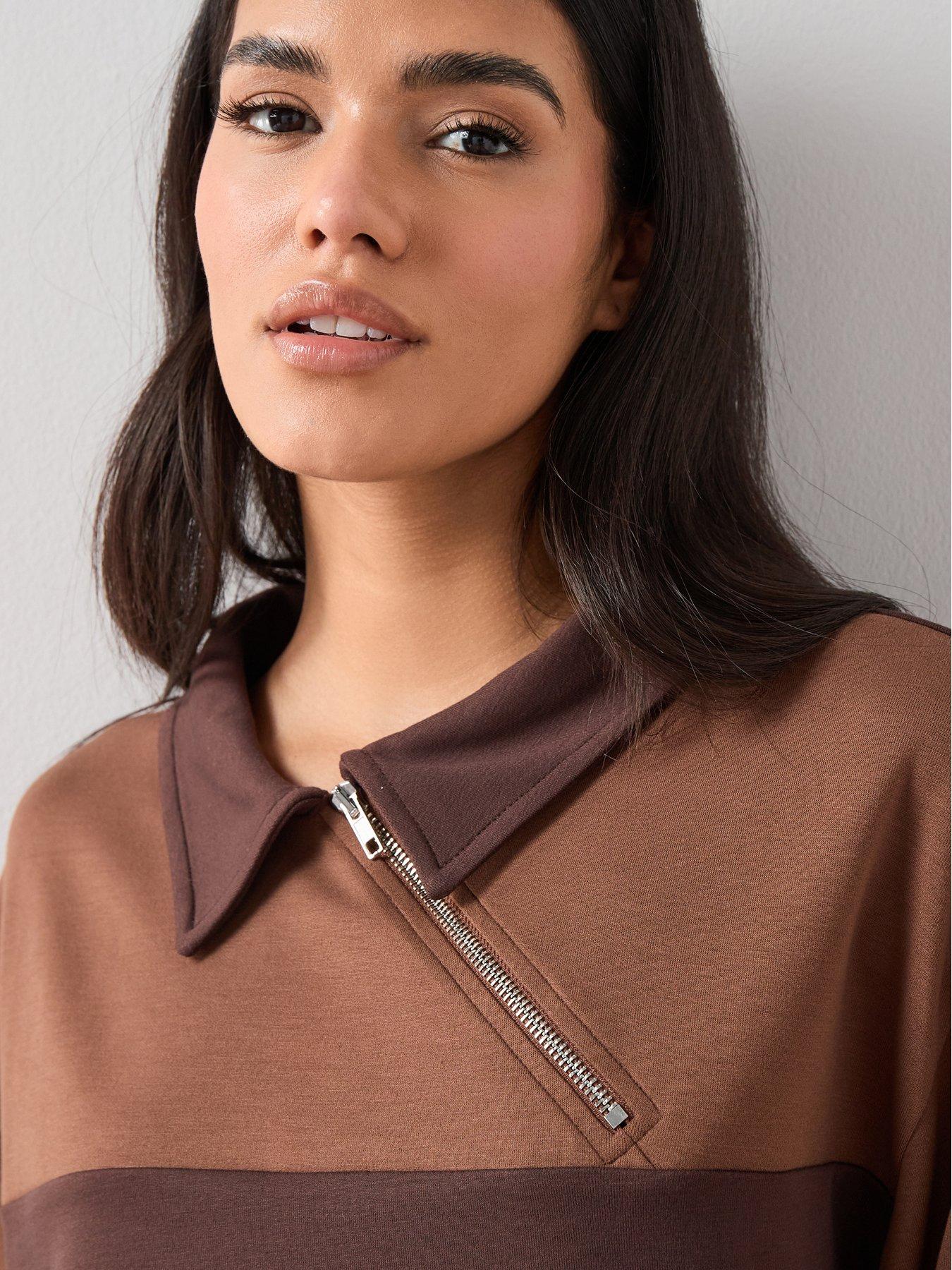 the-very-collection-asymetric-zip-soft-touch-sweatshirt-brownoutfit