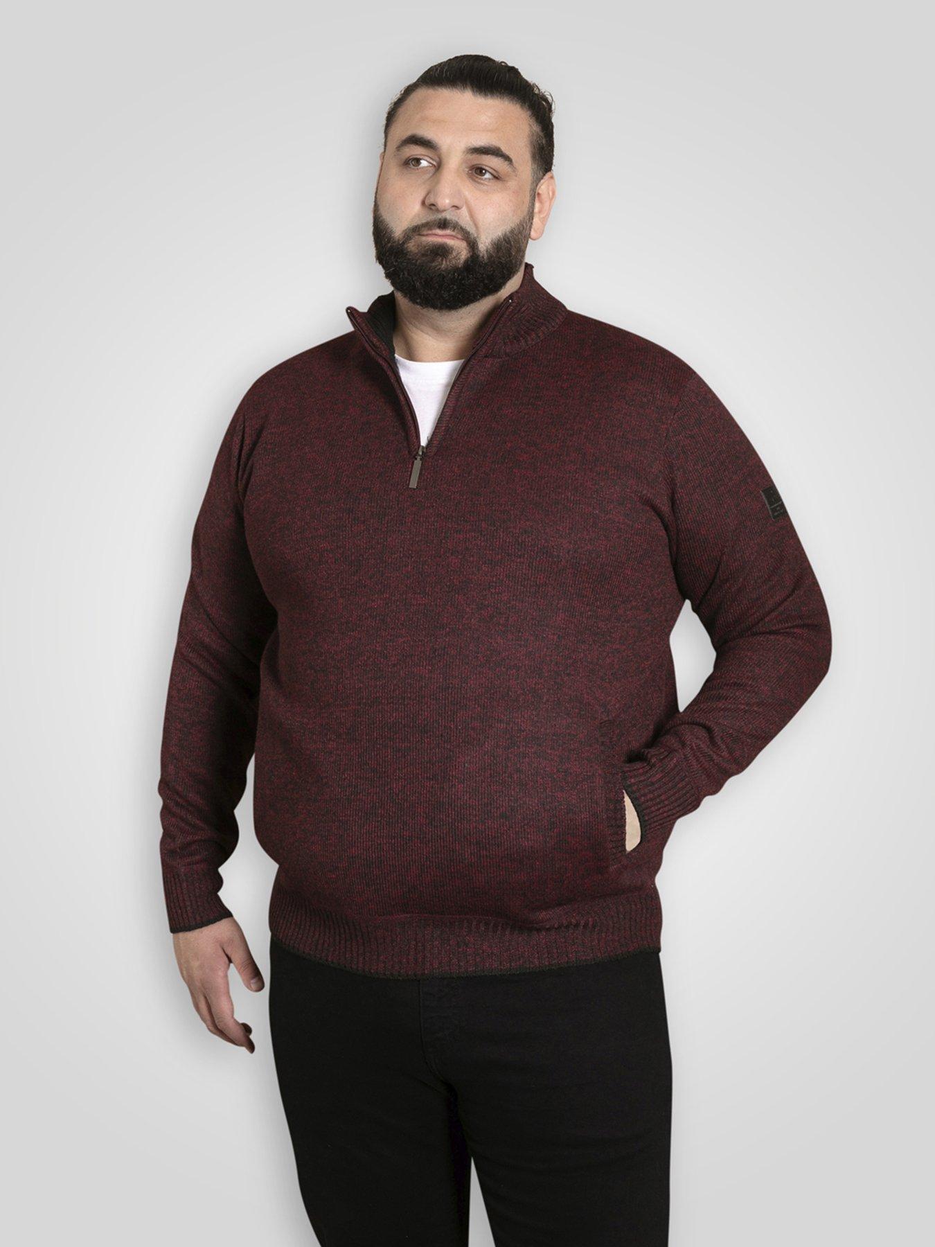 D555 1/4 Zip Knitted Jumper With Bonded Check Lining And Pockets - Red