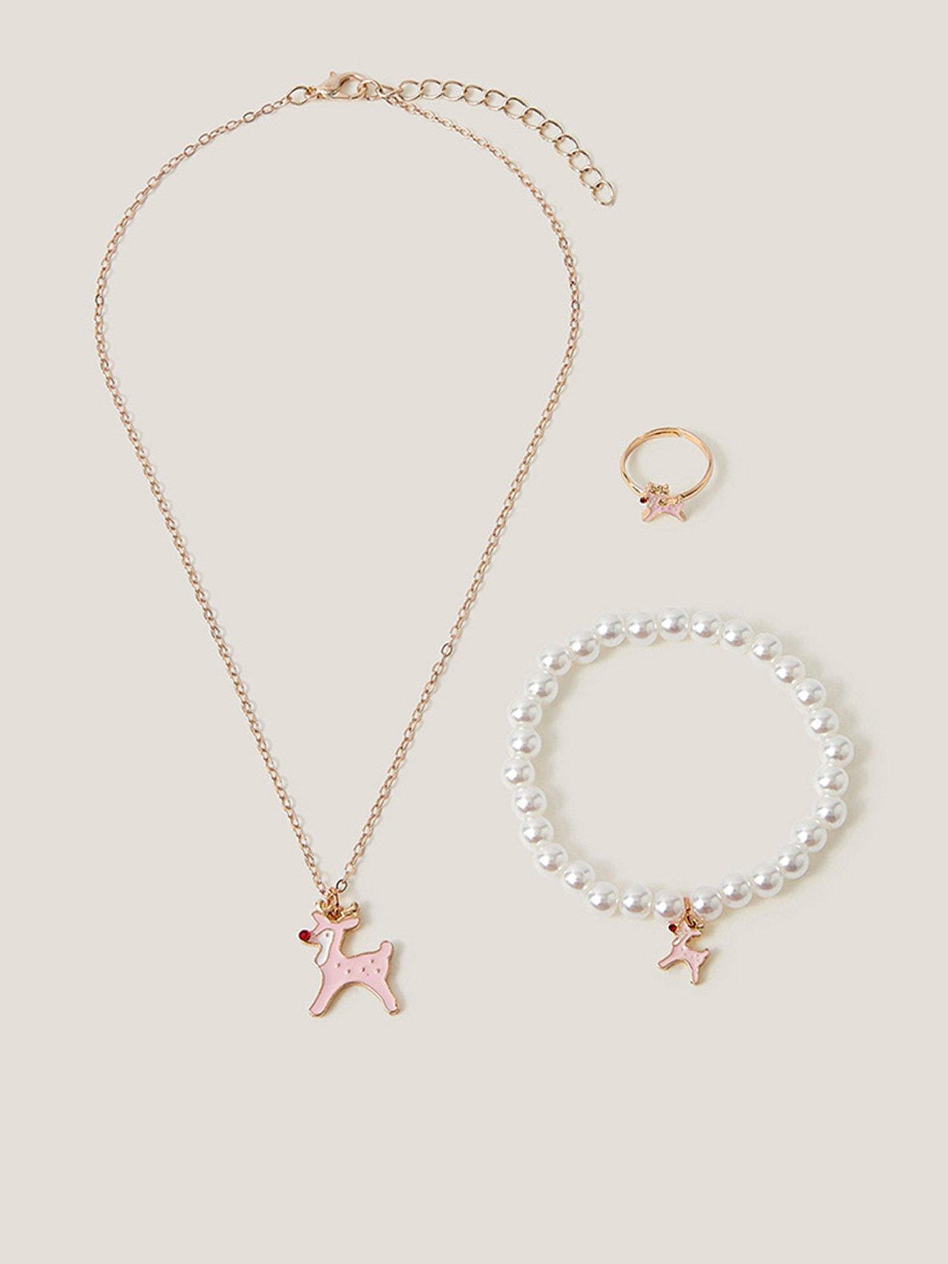 Image 1 of 3 of Monsoon Girls Ruby Reindeer Jewellery Set - Gold