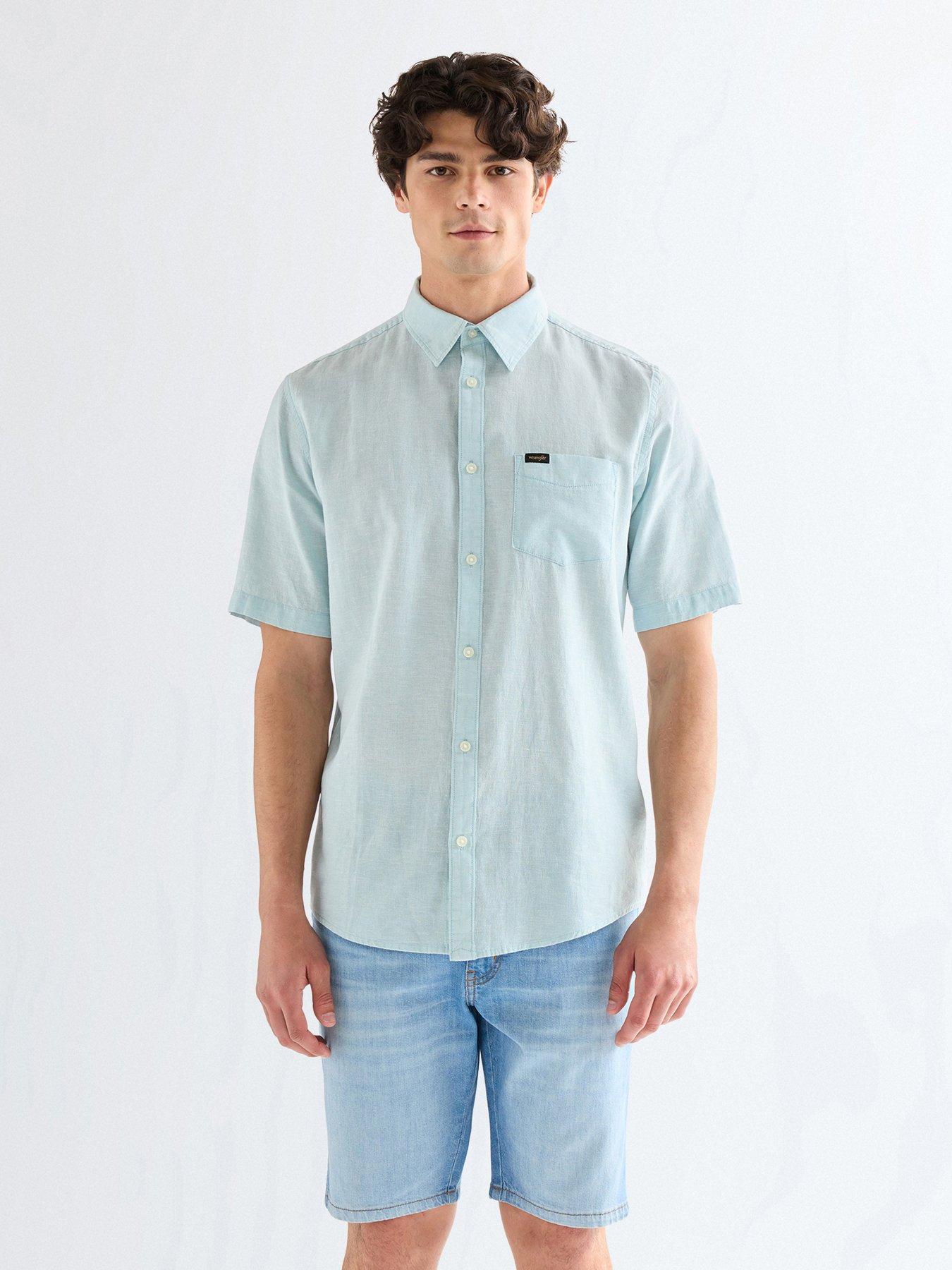 Wrangler Linen Blend Short Sleeve Shirt - Light Blue