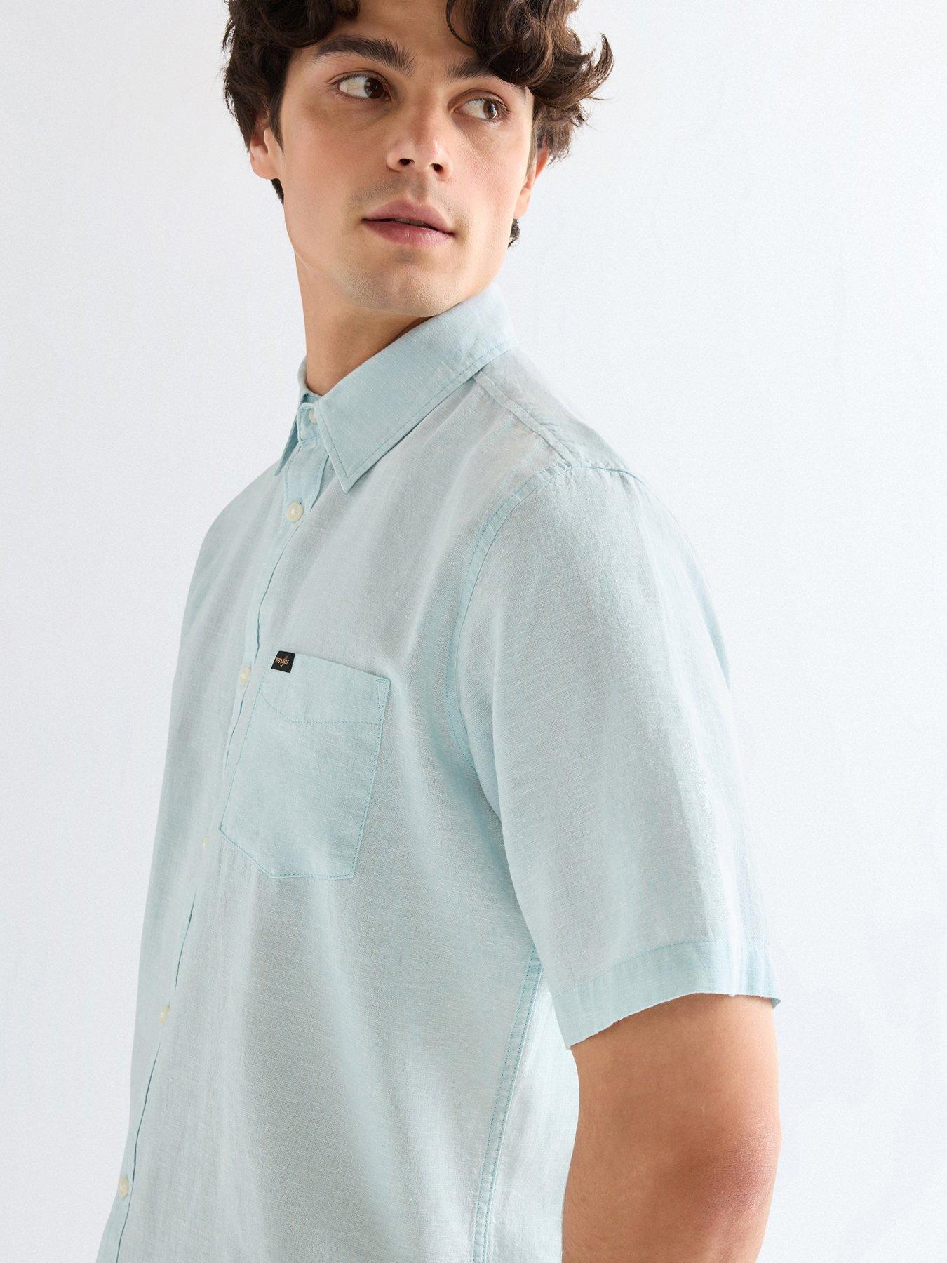 Image 4 of 5 of Wrangler Linen Blend Short Sleeve Shirt - Light Blue
