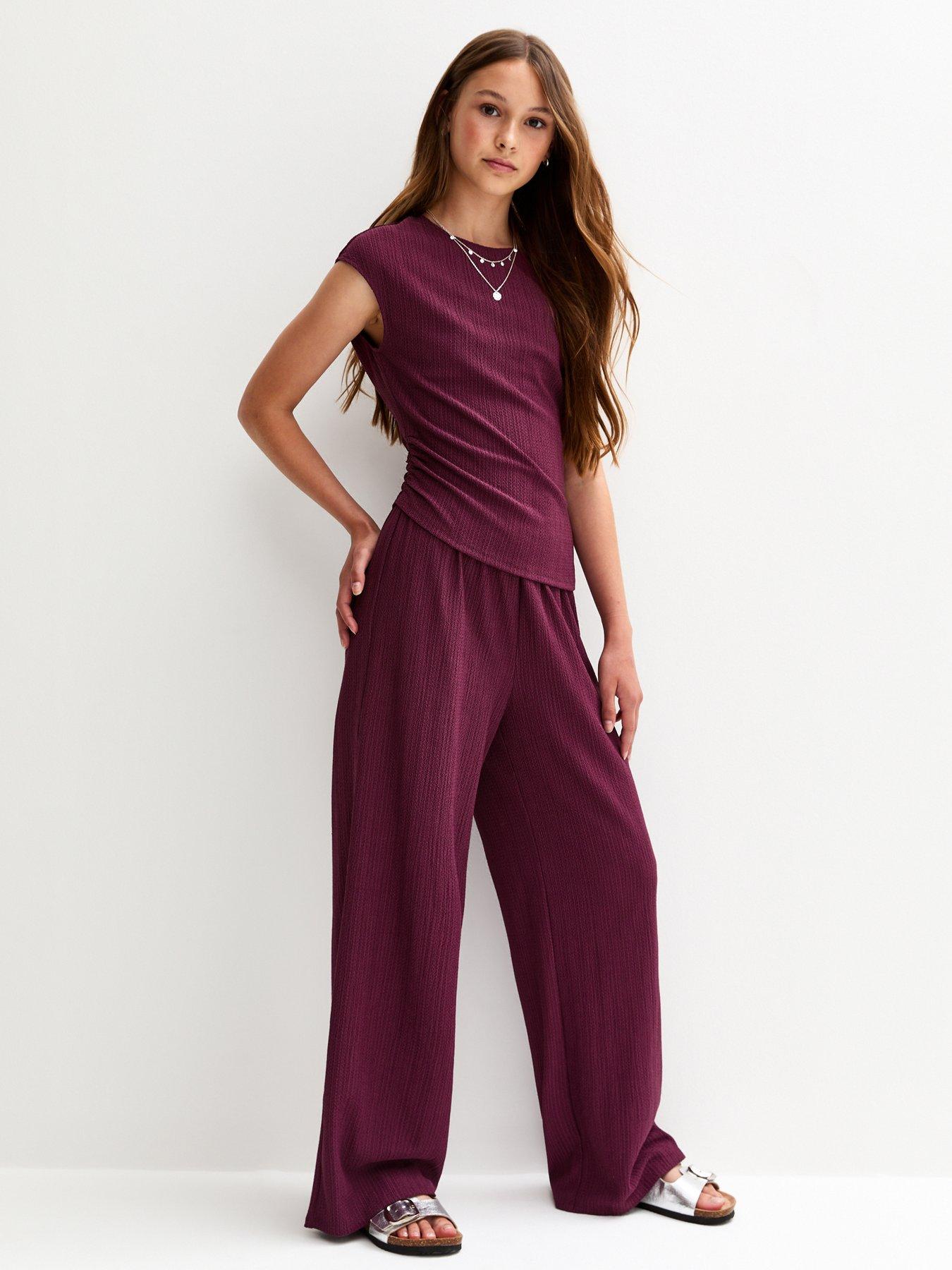 New Look 915 Girls Dark Burgundy Textured Jersey Wide Leg Trousers - Dark Red