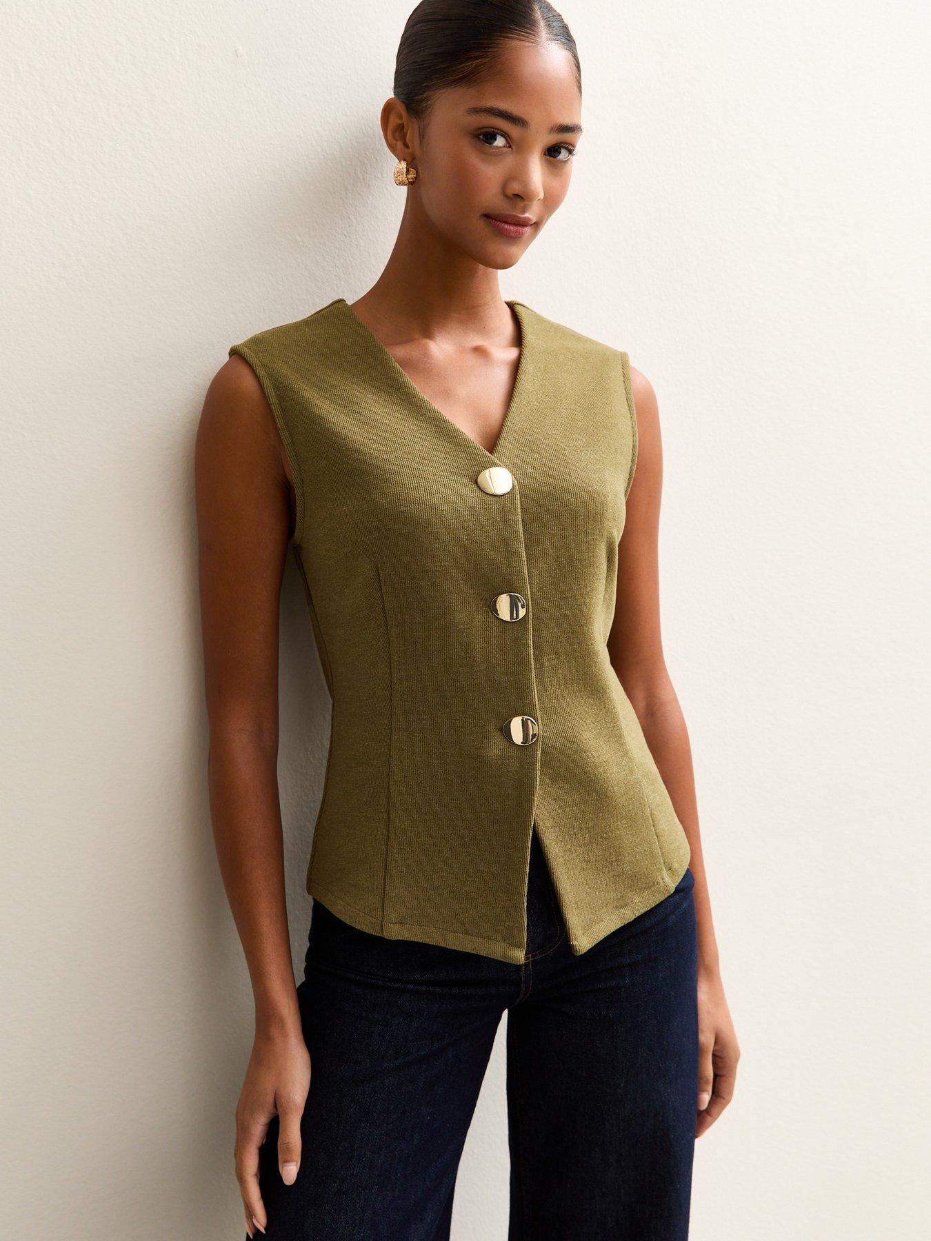 new-look-soft-touch-v-neck-waistcoat-mid-greenfront