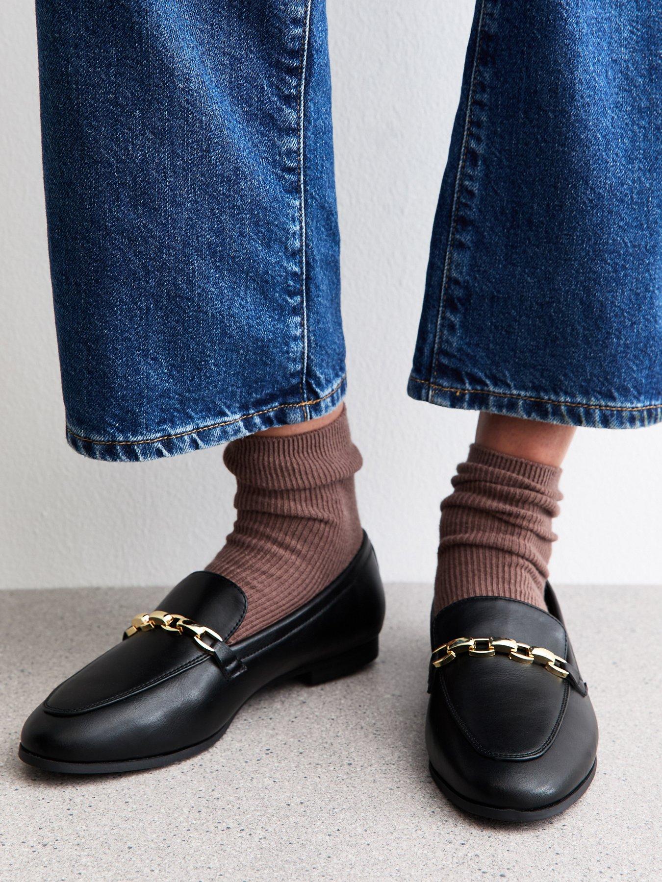 New Look Wide Fit Faux Leather Chain Trim Loafers - Black