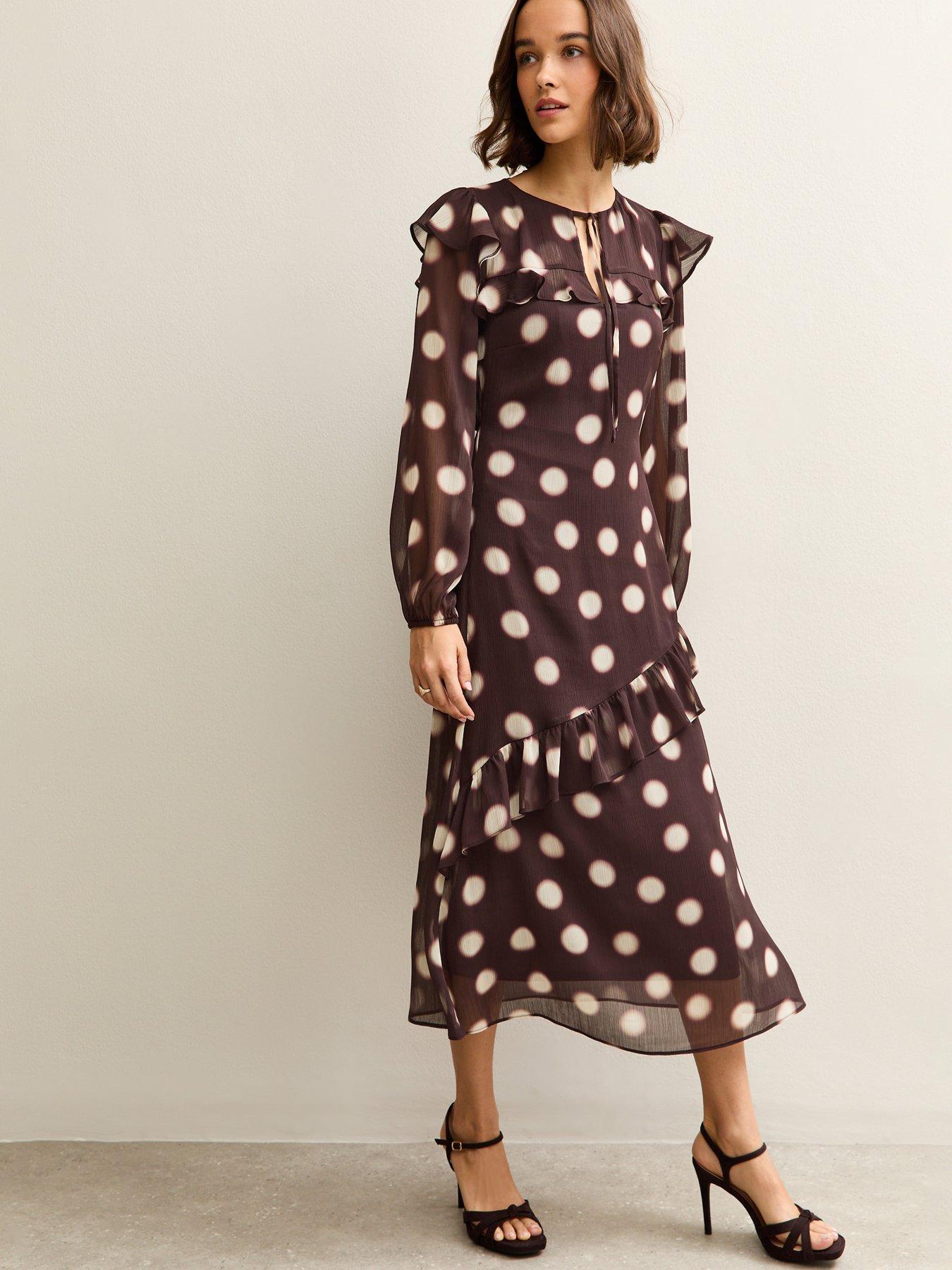 New Look Brown Chiffon Blurred Polka Dot Midi Dress