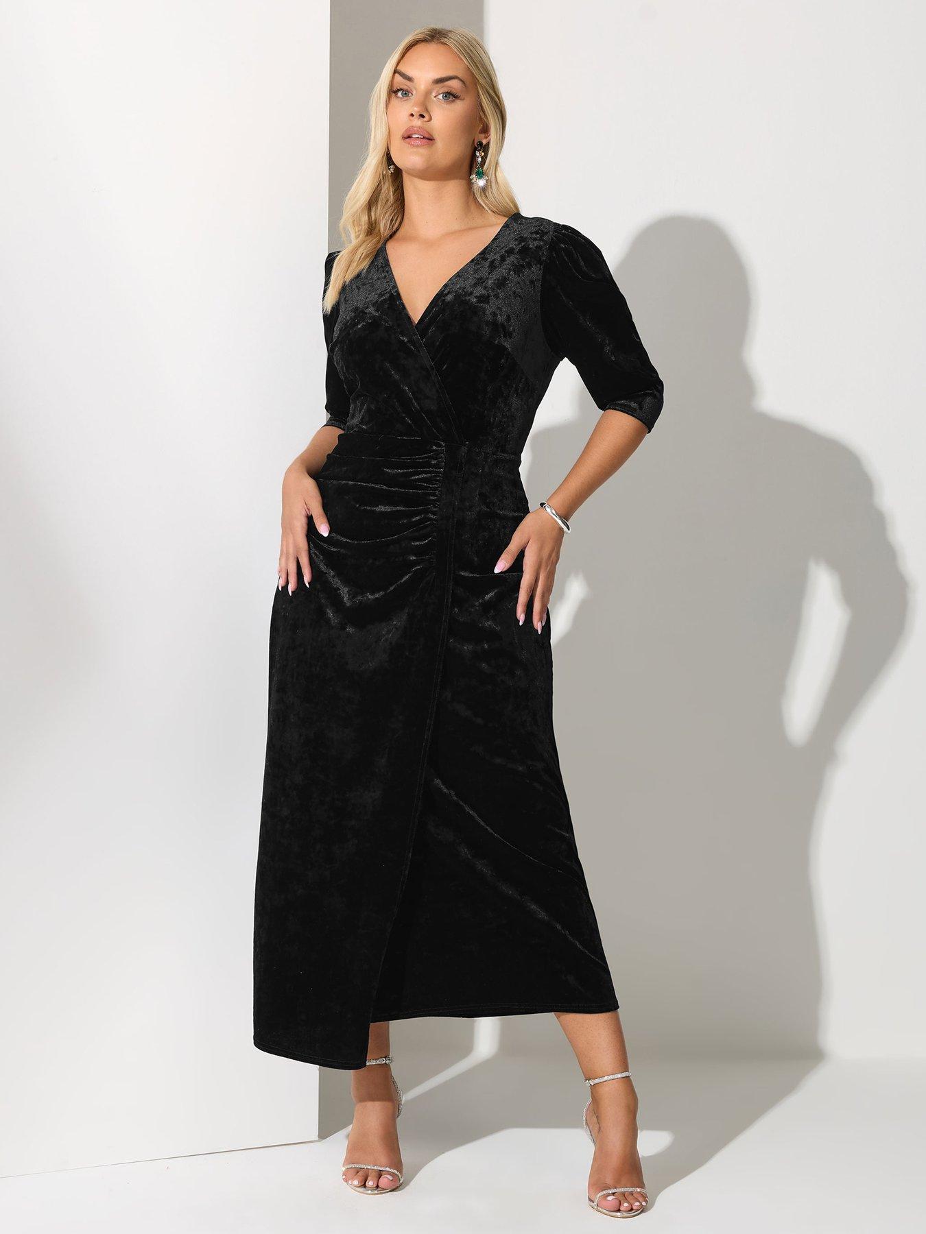 Image 3 of 4 of Yours Curve Velvet Wrap Gathered Dress - Black