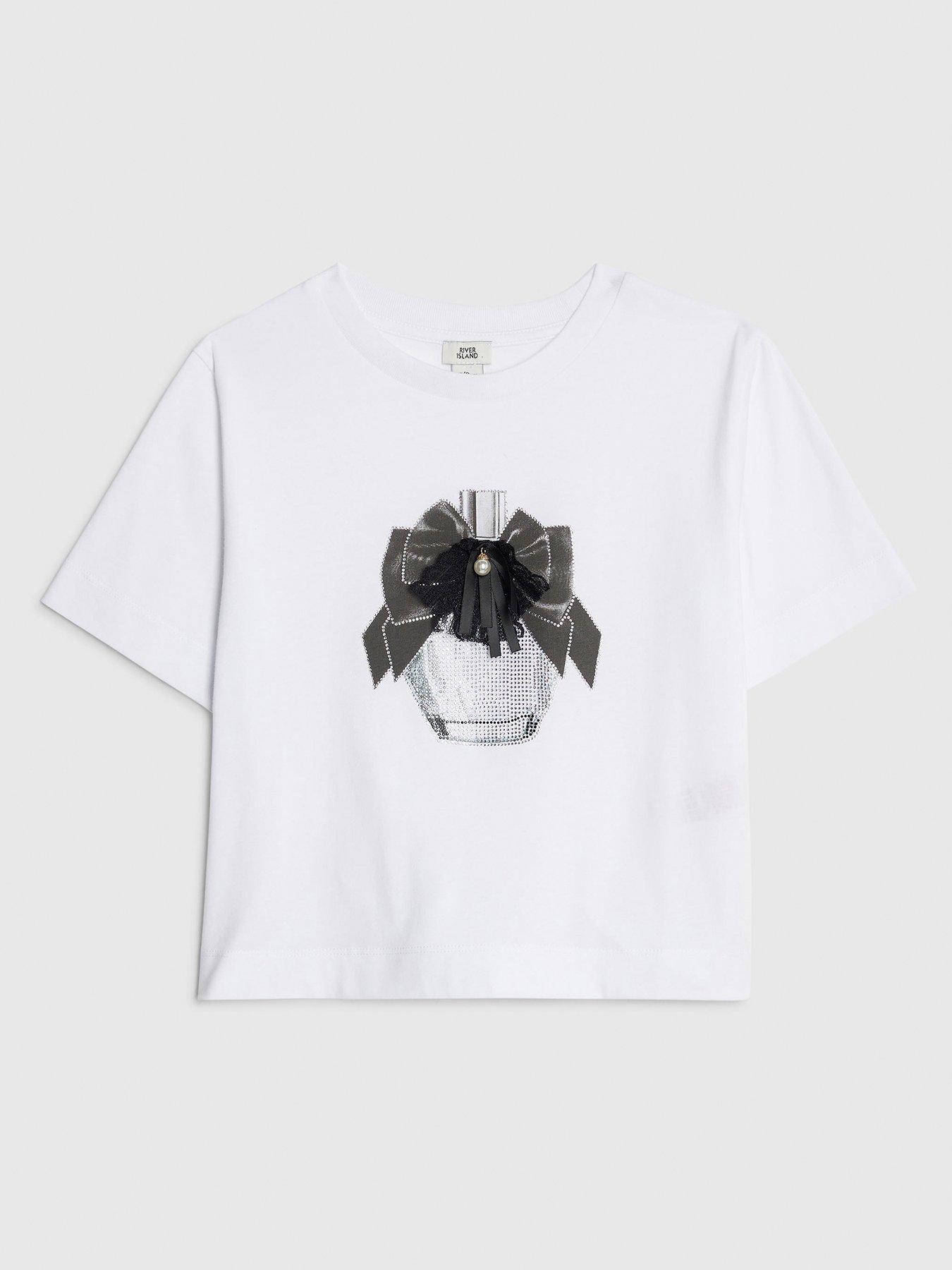 River Island Older Girls Embellished Bow Perfume T-Shirt - White