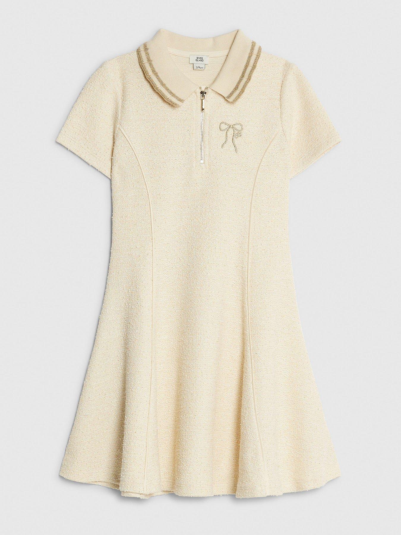 River Island Older Girls Boucle Bow Polo Dress - Cream