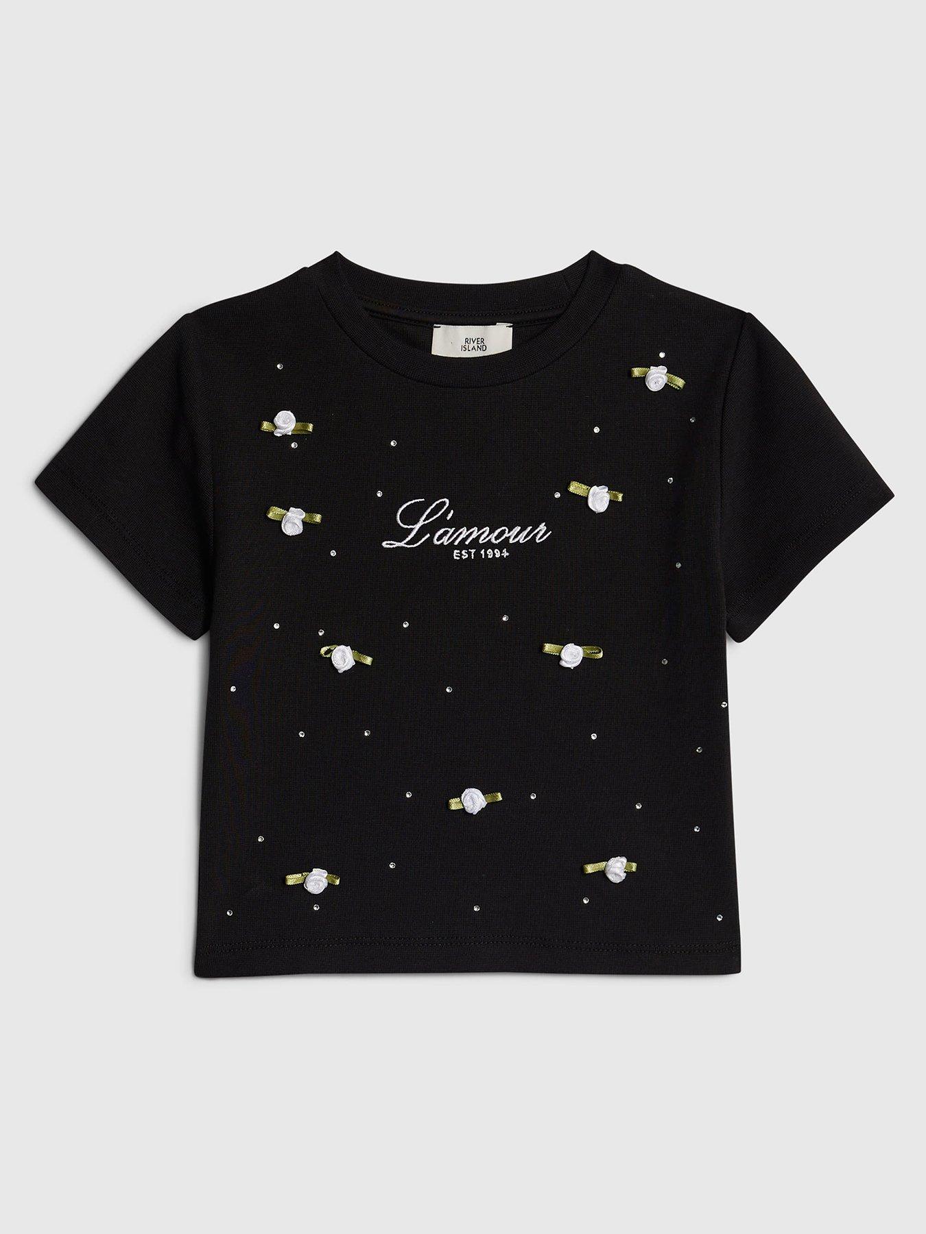 River Island Older Girls Lamour Rosette T-Shirt - Black